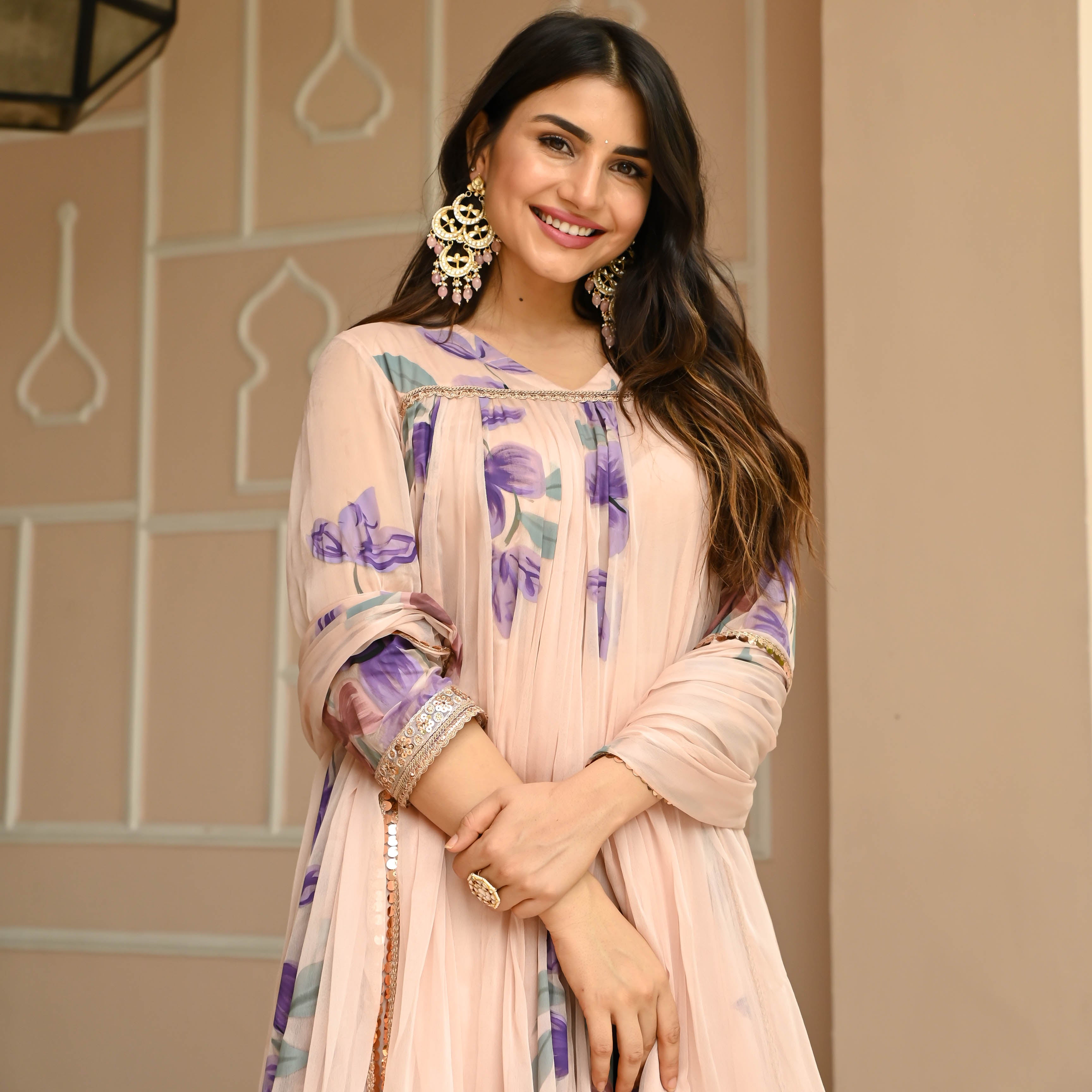 Biege Purple Handpainted Anarkali Suit Set for Women Online