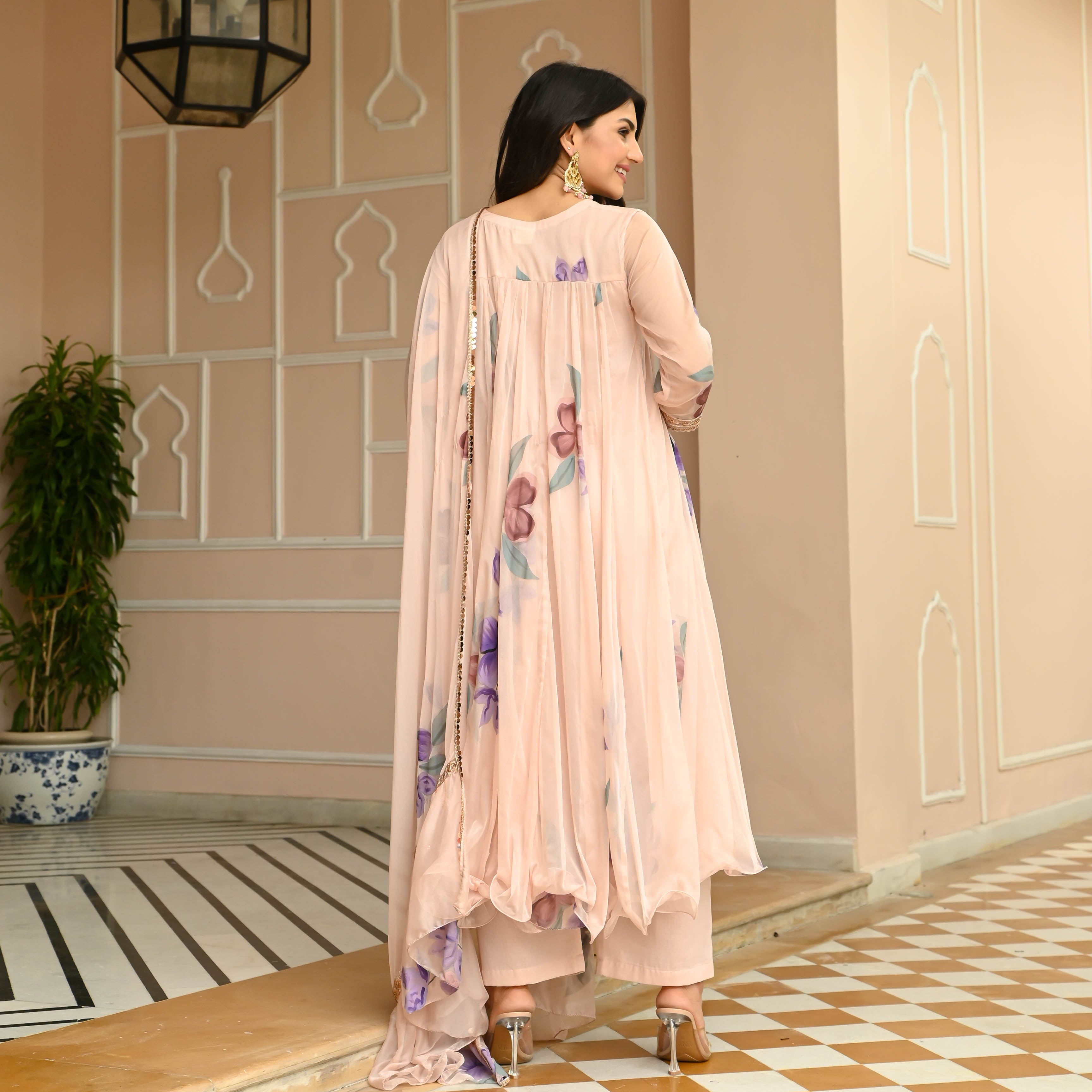 Biege Purple Handpainted Anarkali Suit Set for Women Online