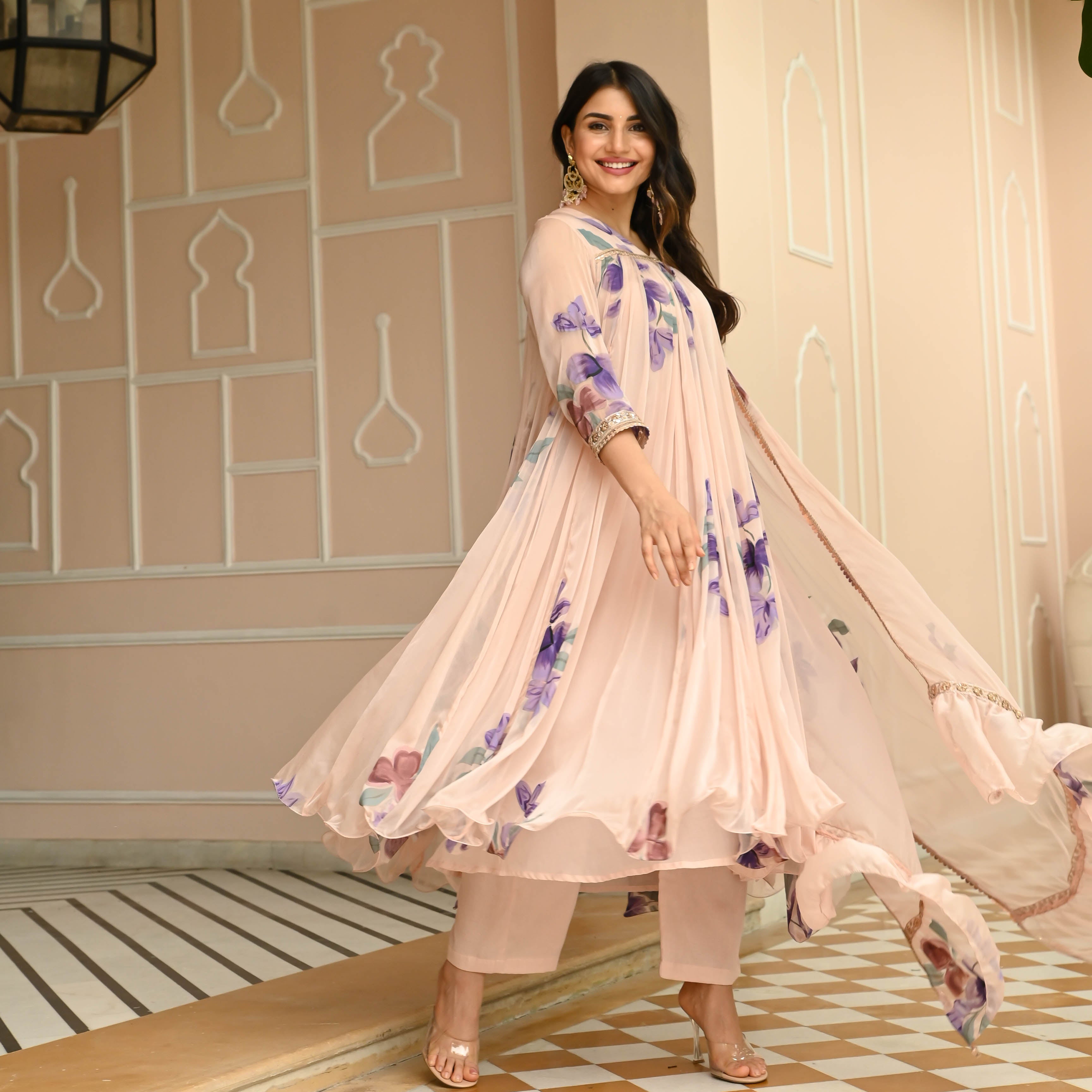 Delicacy Beige Handpainted Anarkali Suit Set For Women Online