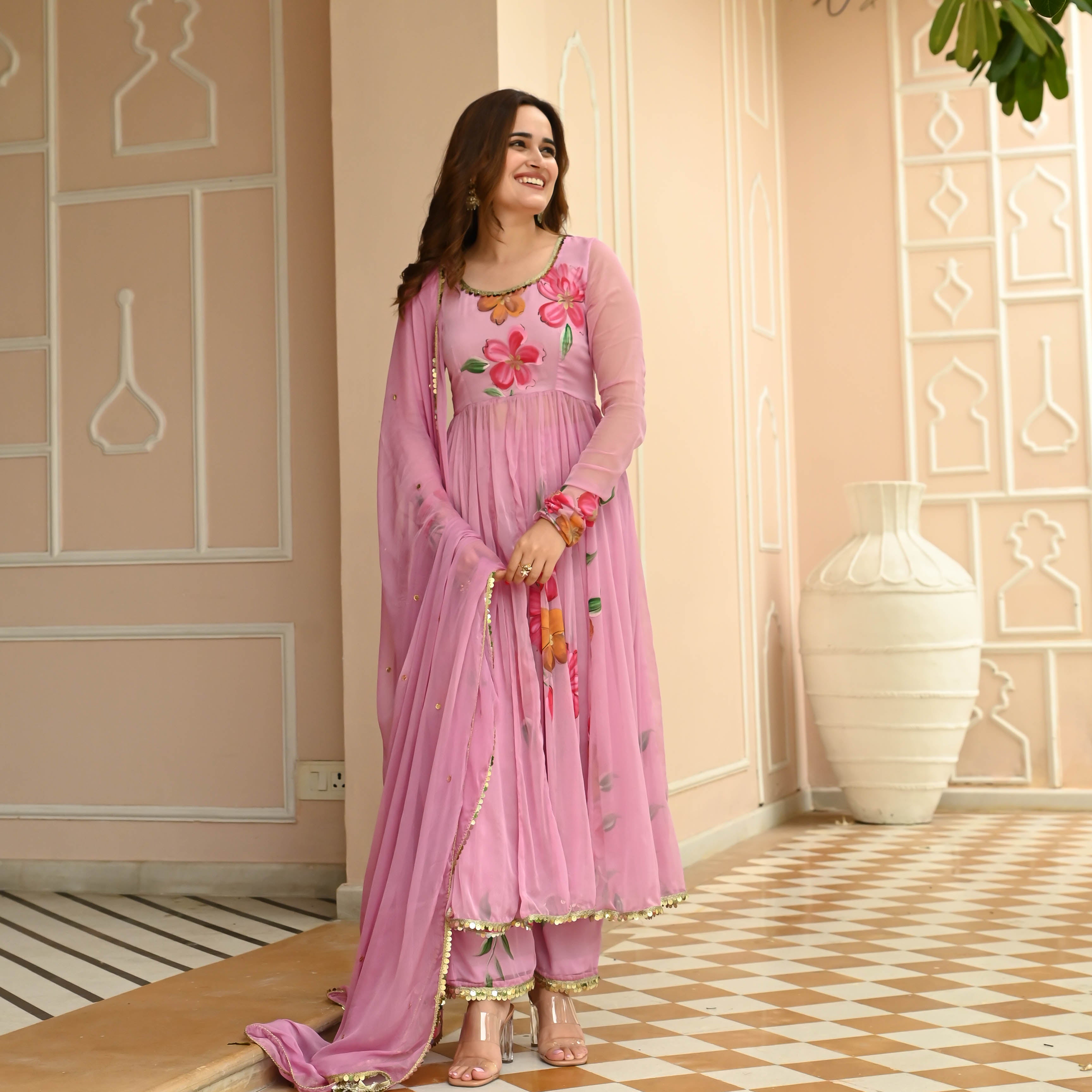Sugar Pink Chiffon Handpainted Anarkali Suit Set For Women Online