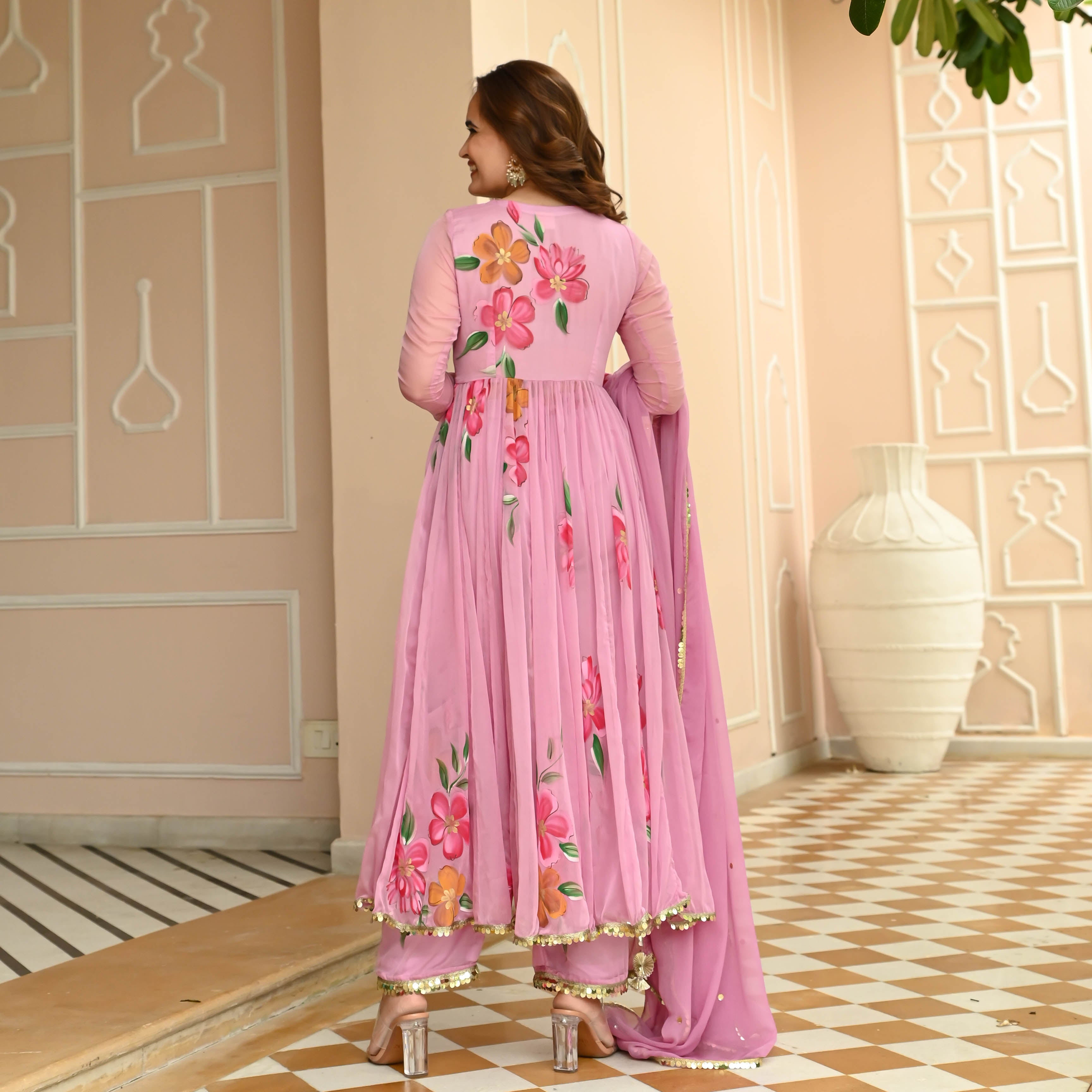Pink Handpainted Chiffon Anarkali Suit Set for Women Online