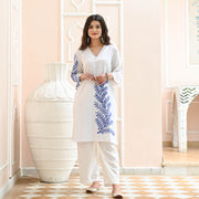 White Blue Embroidered Co-ord Set