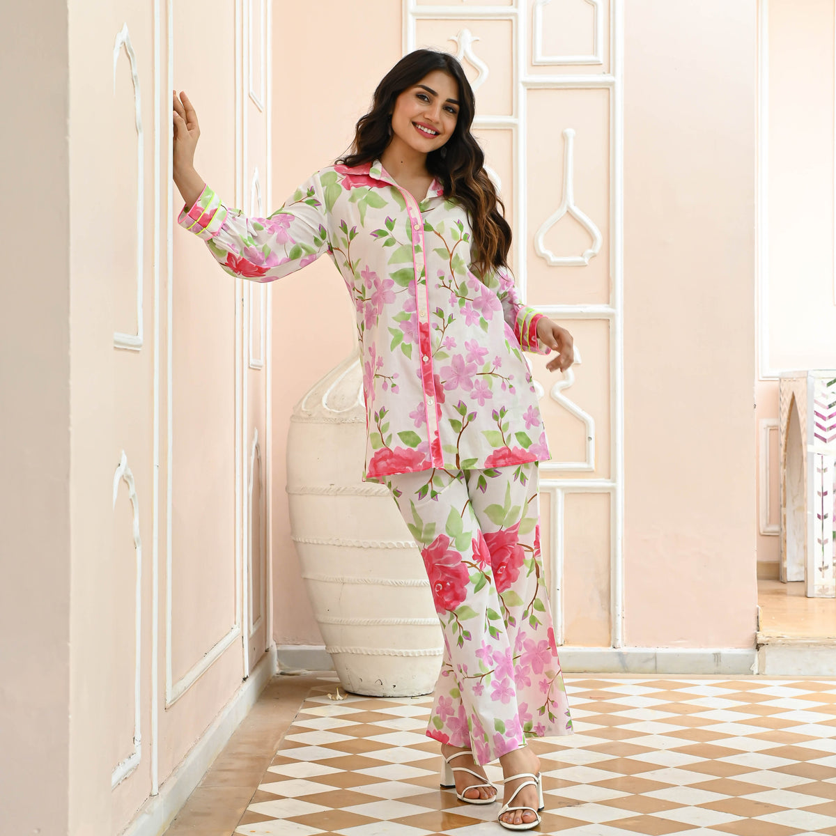 White Floral Cotton Co-ord Set for Women Online
