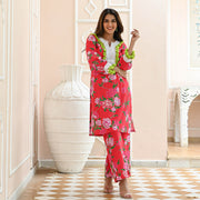 Rose Floral Pink Cotton Slub Co-ord Set for Women Online