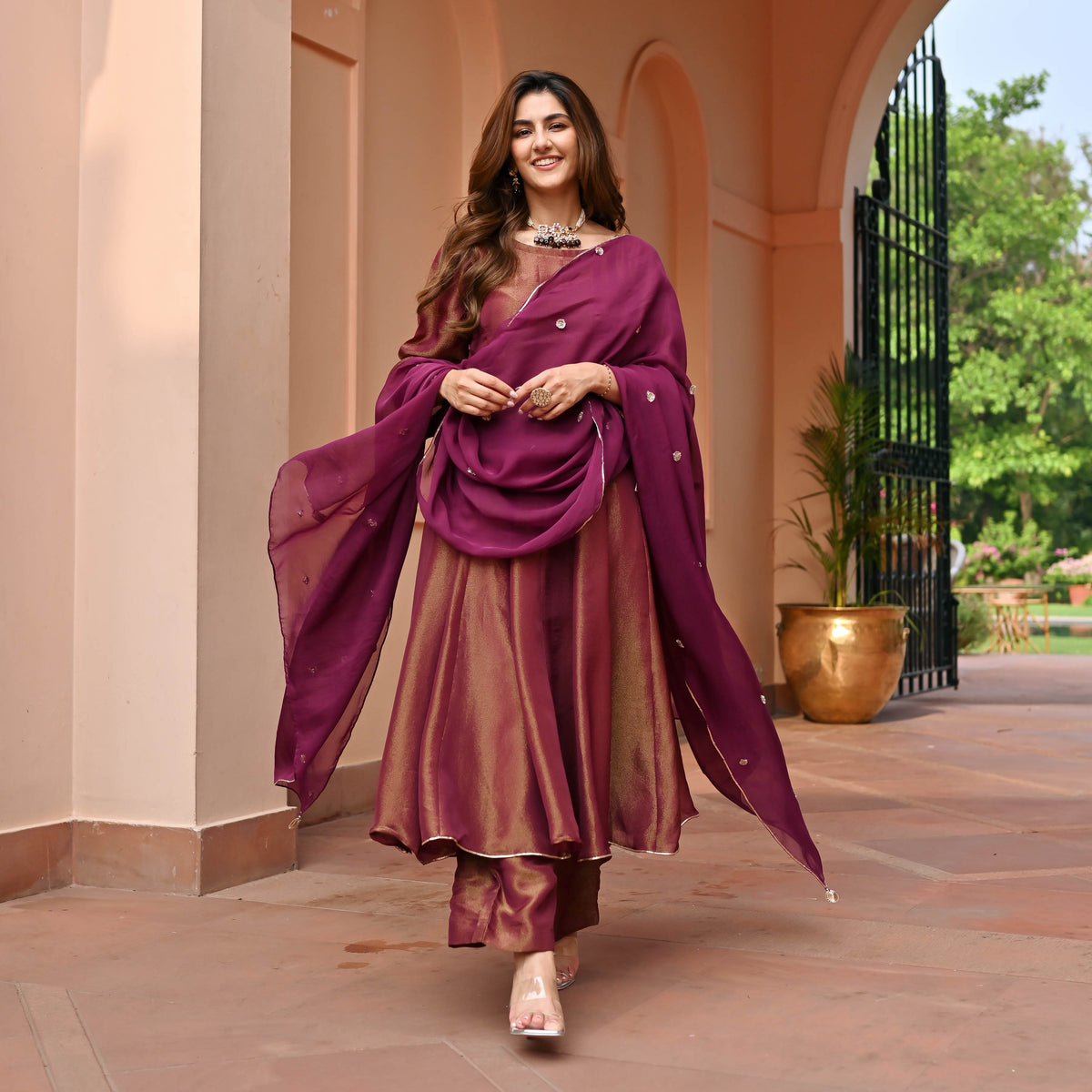 Maroon Tissue Silk Suit Set