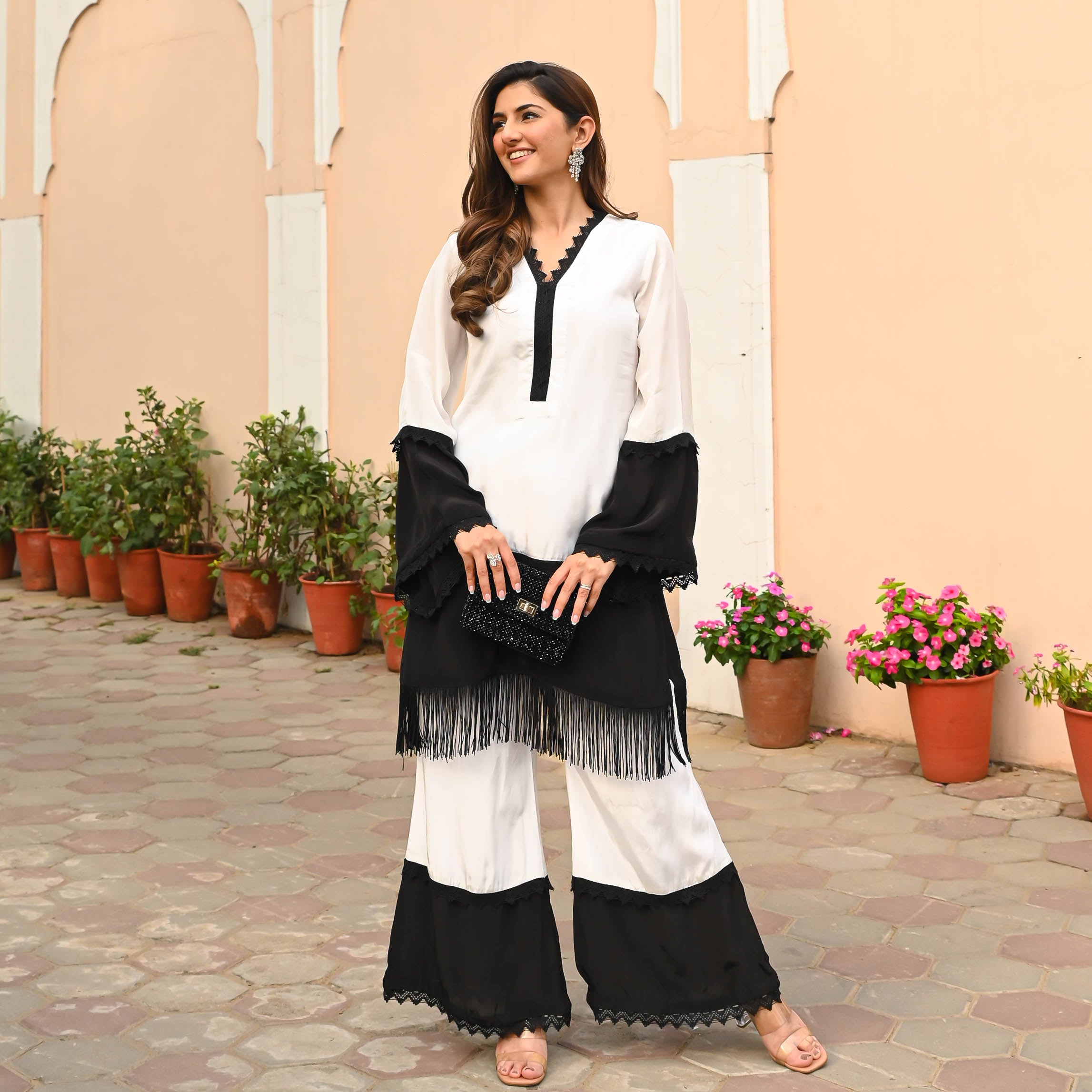  White Black Silk Crepe Co-ord Set For Women Online