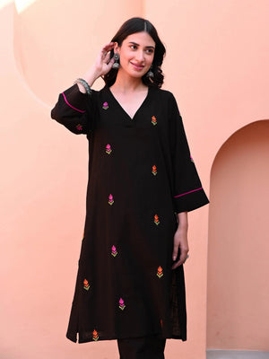 Black Embroidered Cotton Co-ord Set
