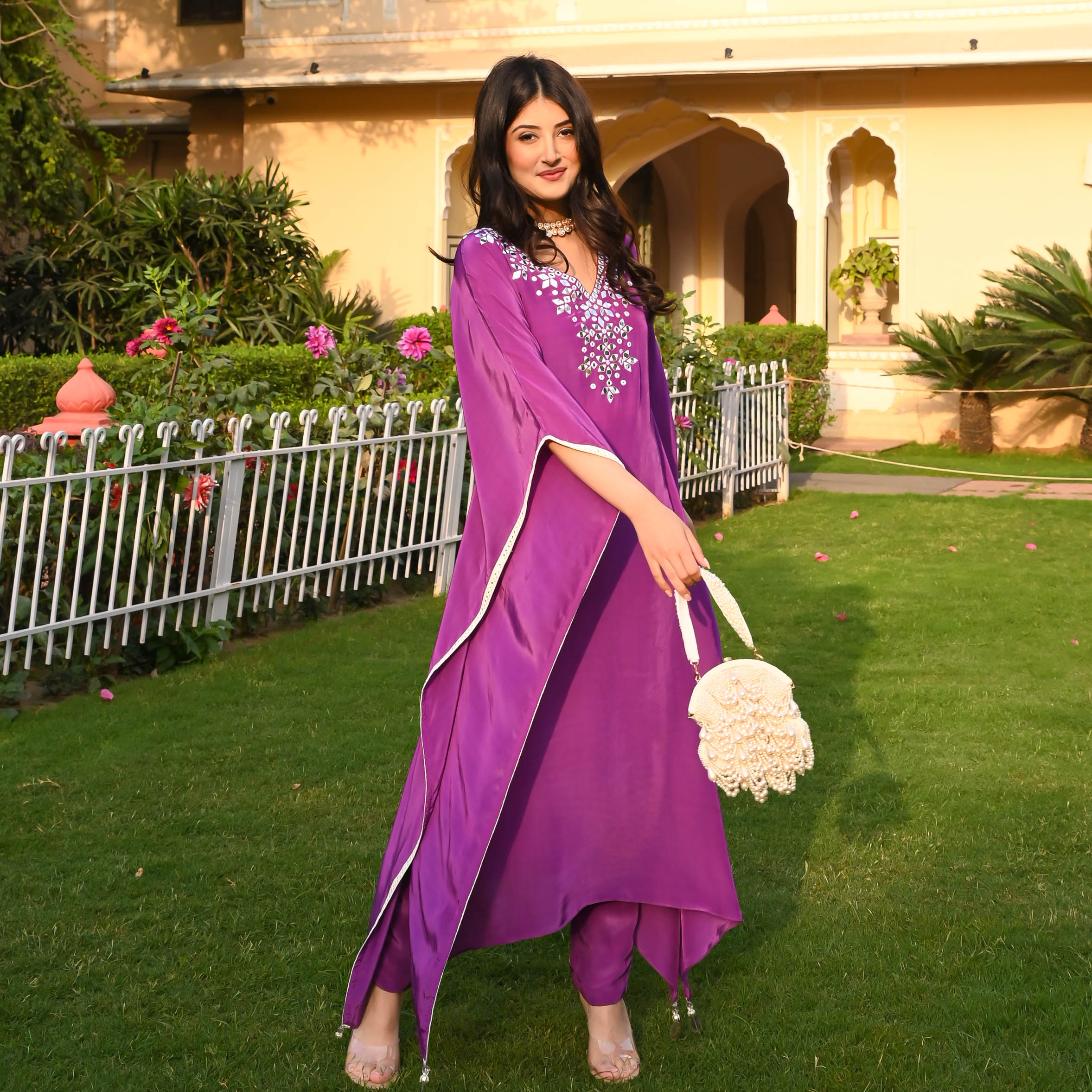 Purple Embroidered Kaftaan Kurta Set for Women Online