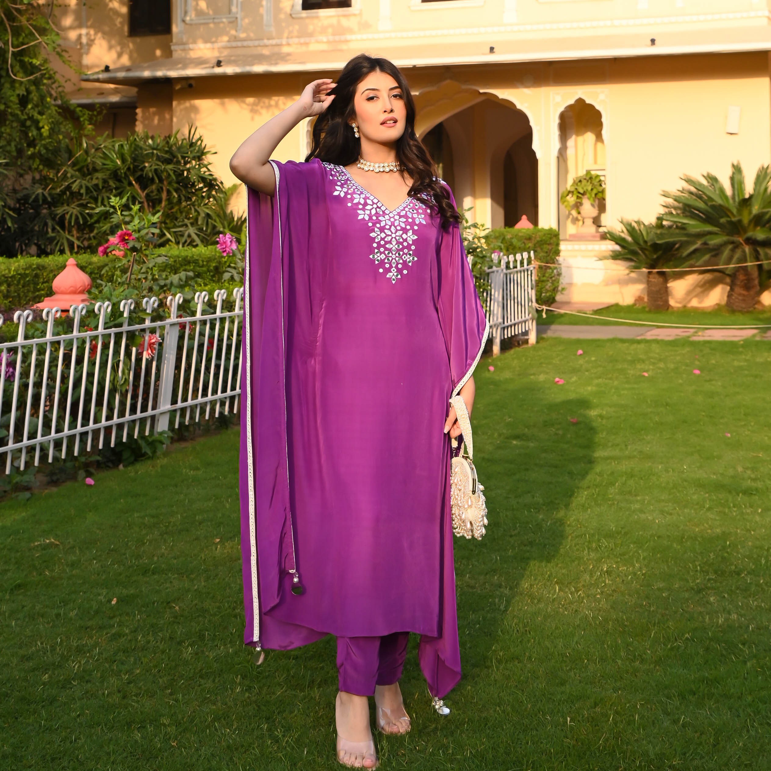 Purple Embroidered Kaftaan Kurta Set for Women Online