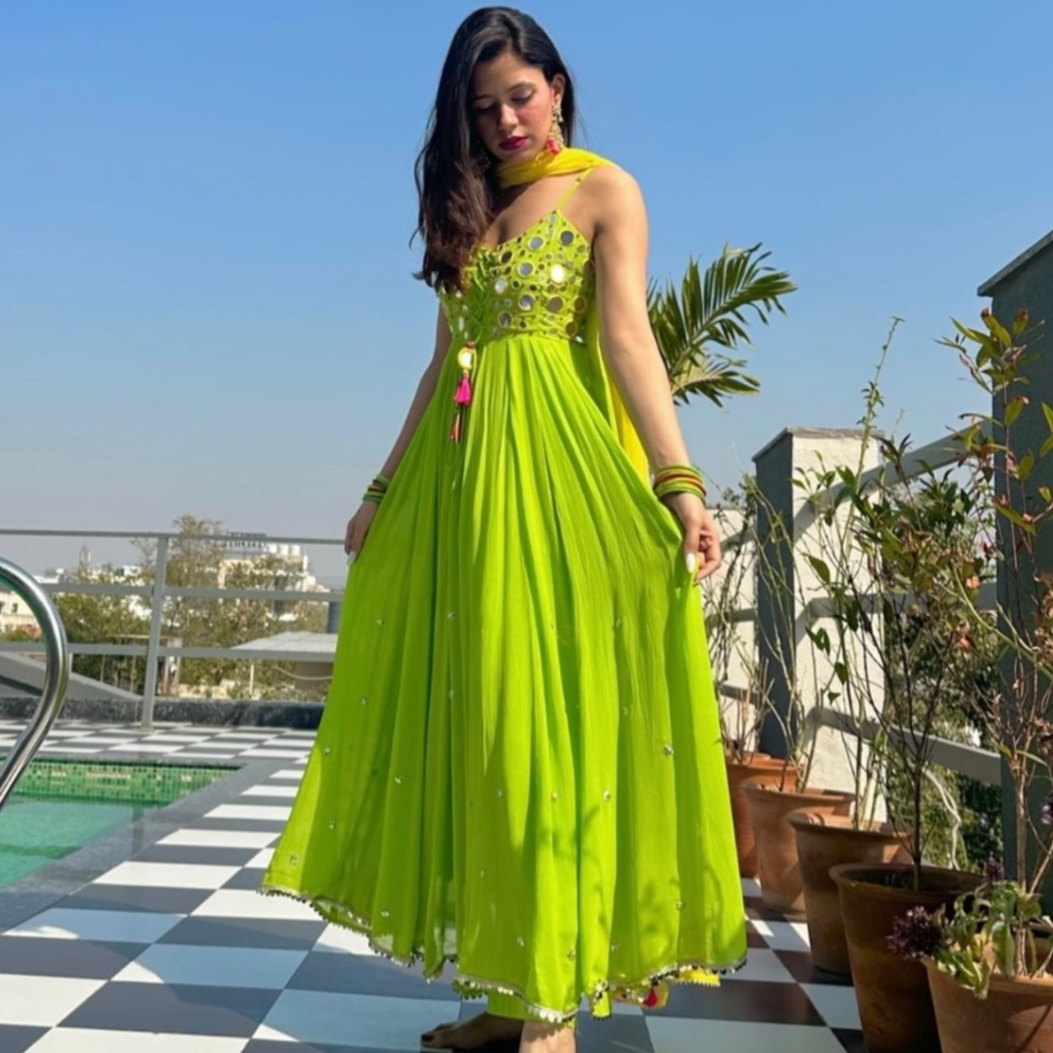 Yellow Green Mirror Work Suit Set