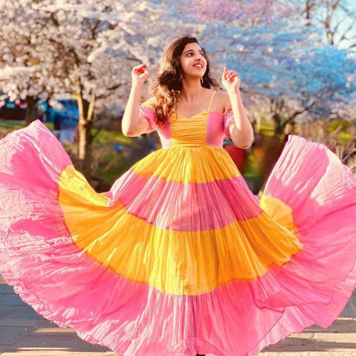strapless open back dress Buy Bunaai Amelia Pink and Yellow Cotton Maxi Dress For Women Online