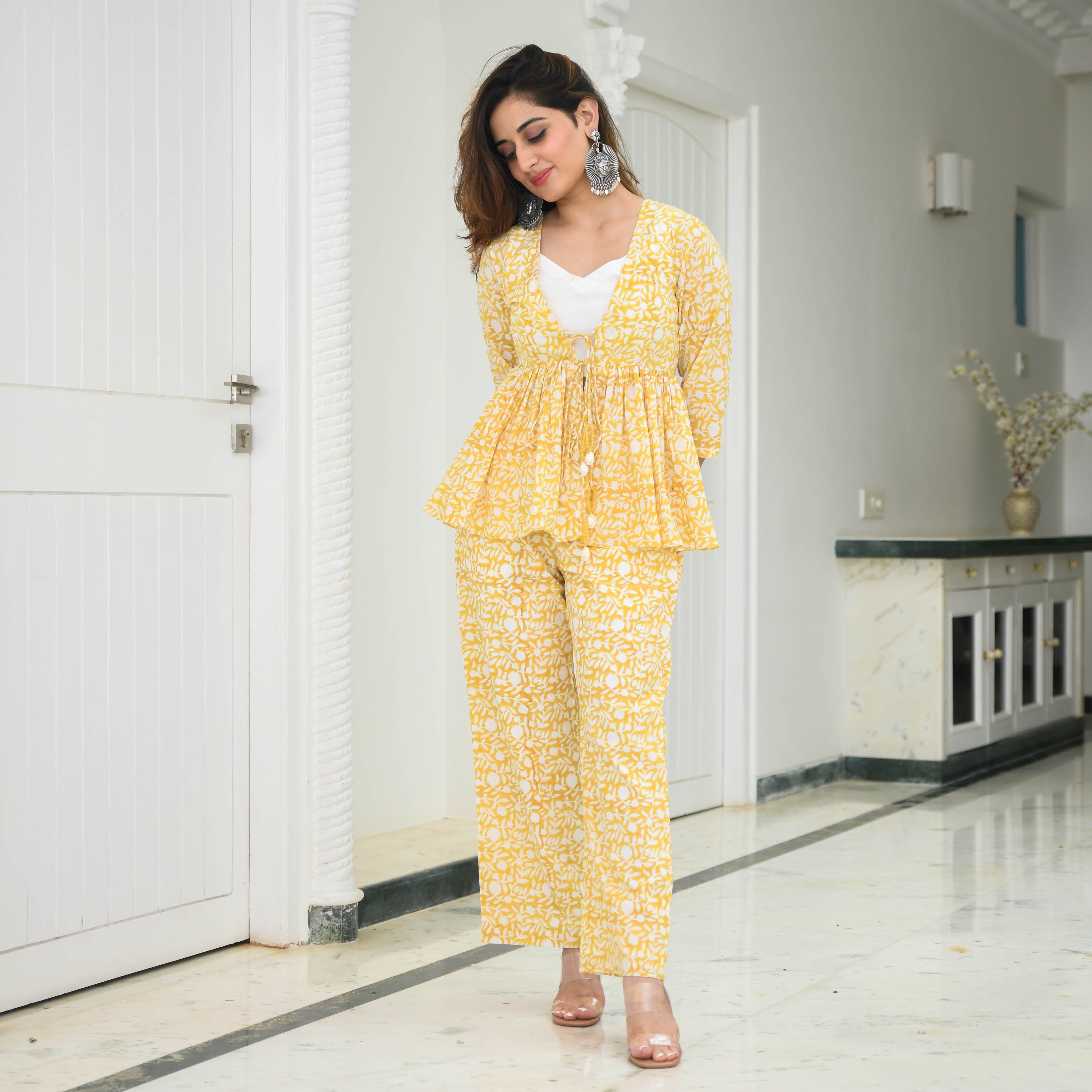 Pineapple Yellow Printed Cotton Suit Set For Women Online