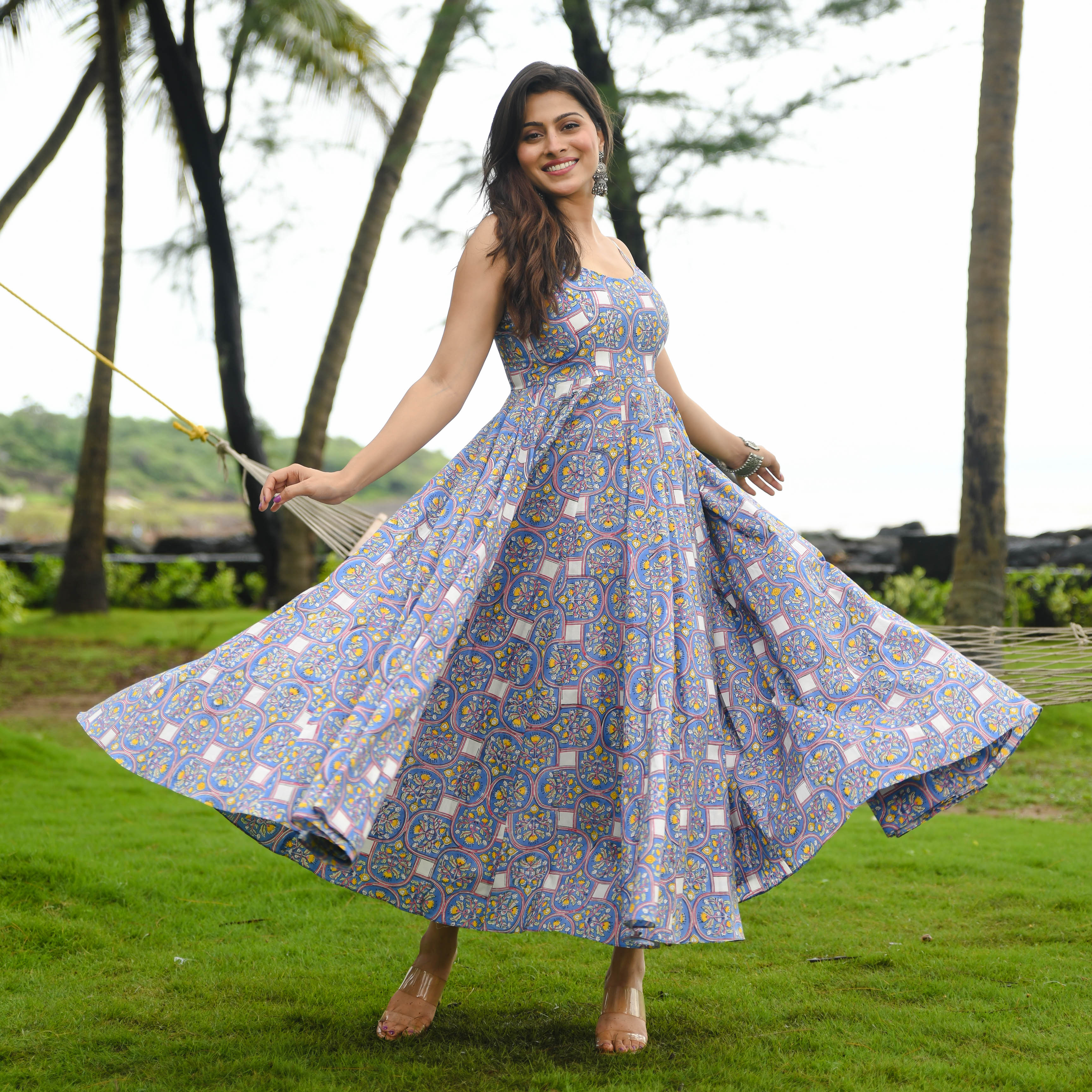 Baleine Blue Printed Cotton Maxi Dress For Women Online