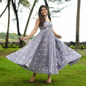 Baleine Blue Printed Cotton Maxi Dress For Women Online