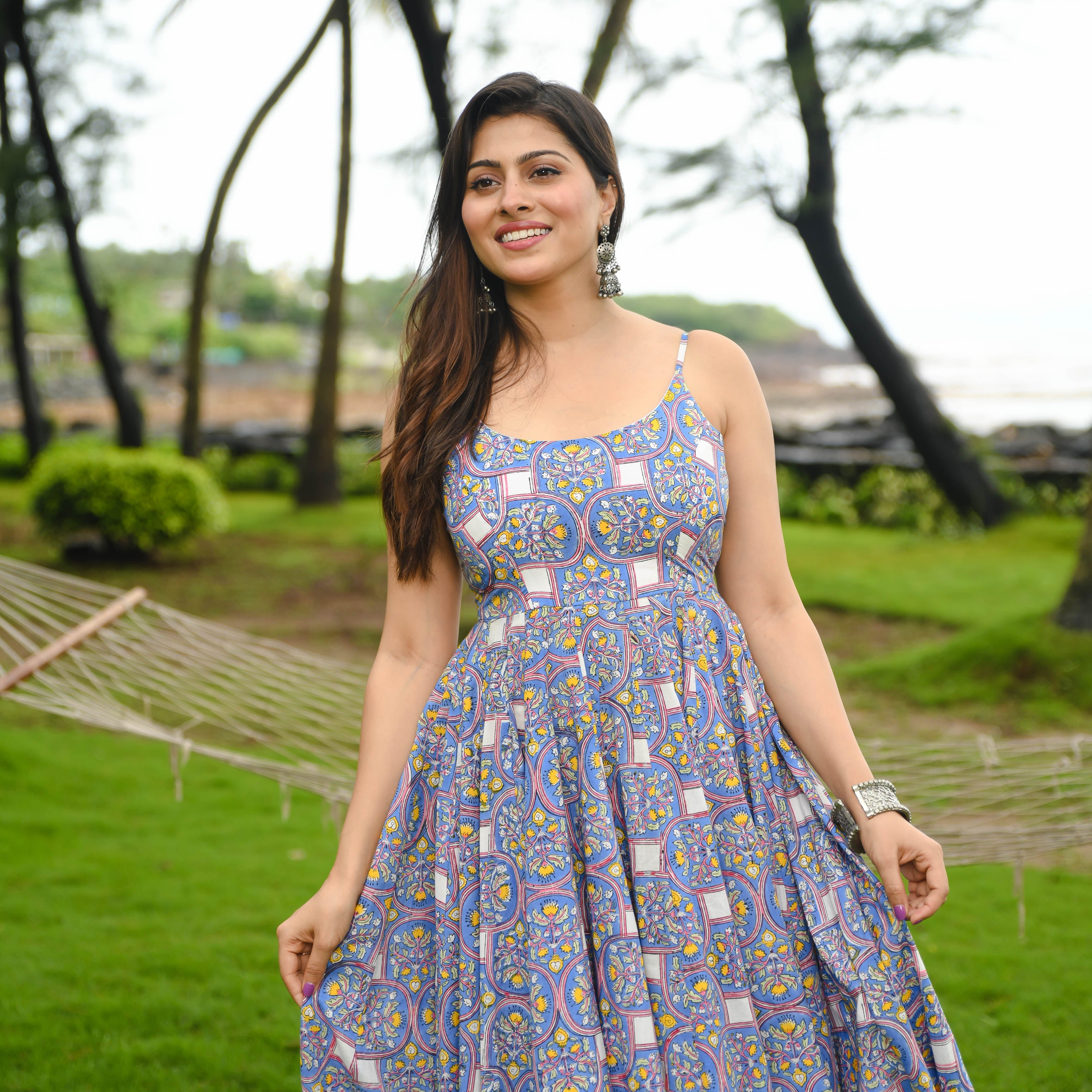 Baleine Blue Printed Cotton Maxi Dress For Women Online