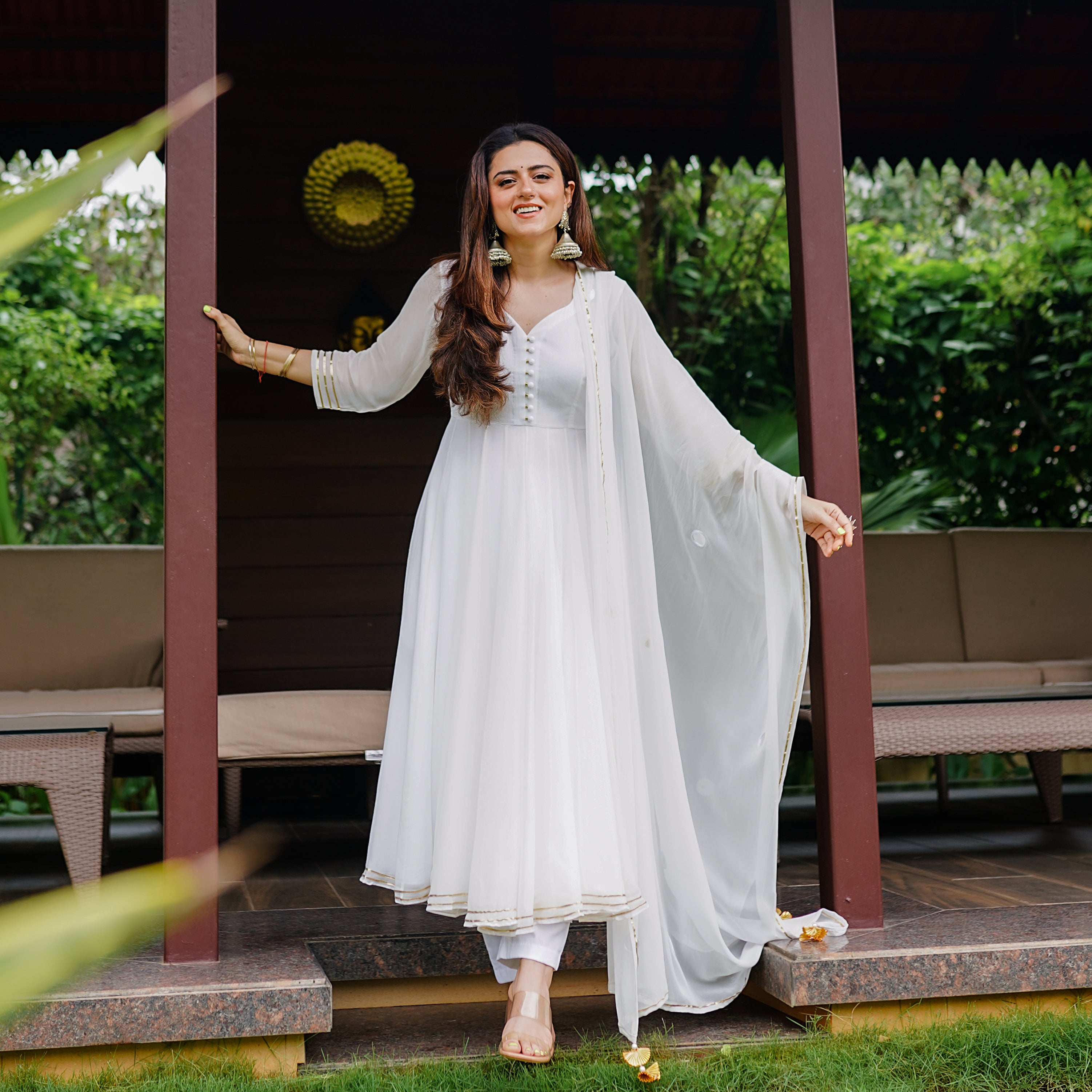 Buy Bunaai White Anarkali Suit With Pant & Dupatta Set Online Buy Bunaai White Anarkali Suit With Pant & Dupatta Set Online