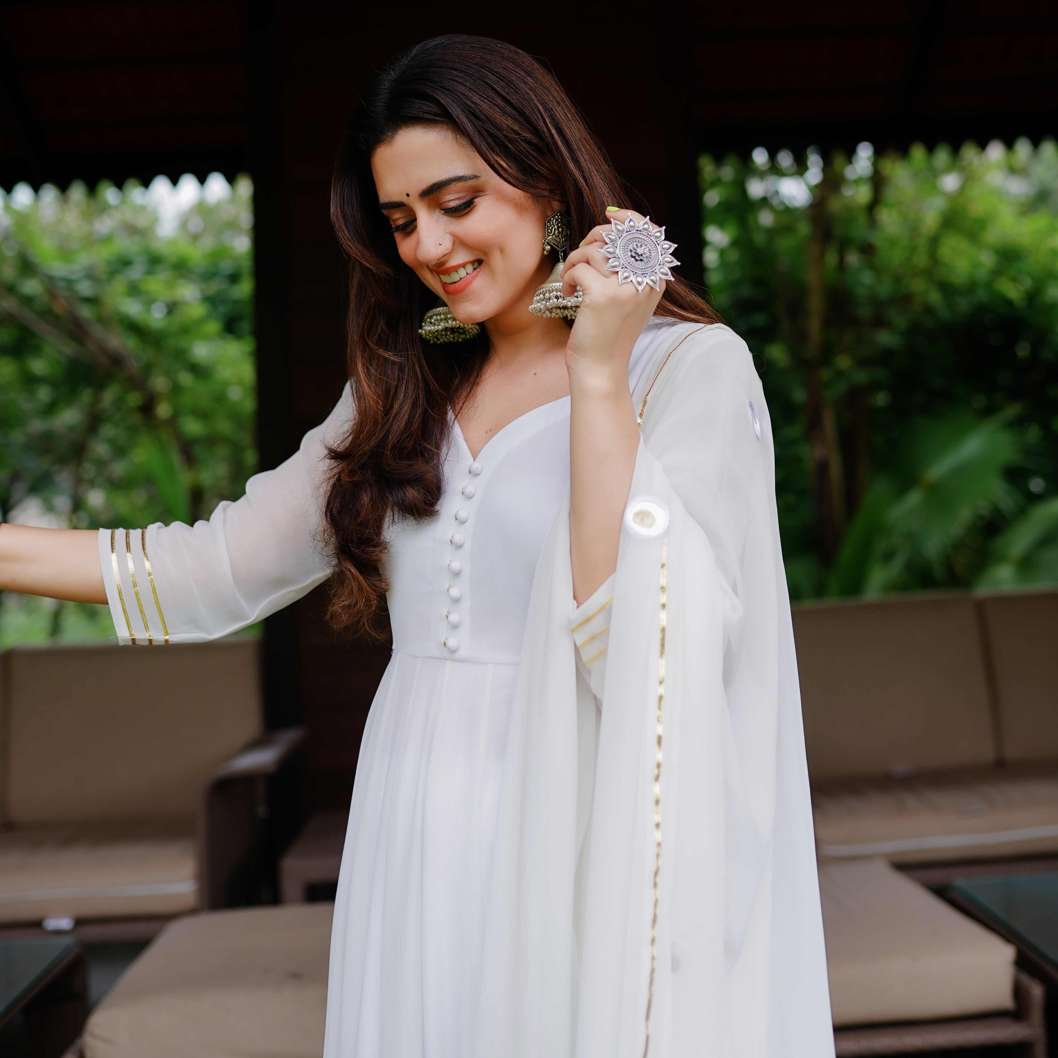 Buy Bunaai White Anarkali Suit With Pant & Dupatta Set Online Buy Bunaai White Anarkali Suit With Pant & Dupatta Set Online