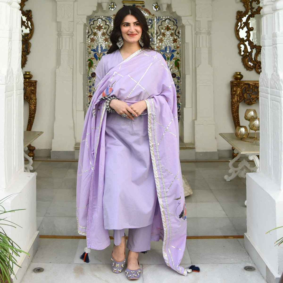 Lilac Handpainted Dupatta Suit Set (Set of 3)