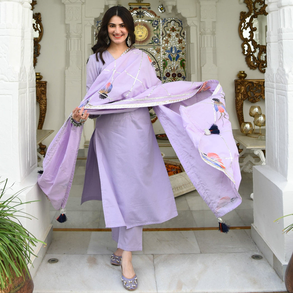 Lilac Handpainted Dupatta Suit Set (Set of 3)