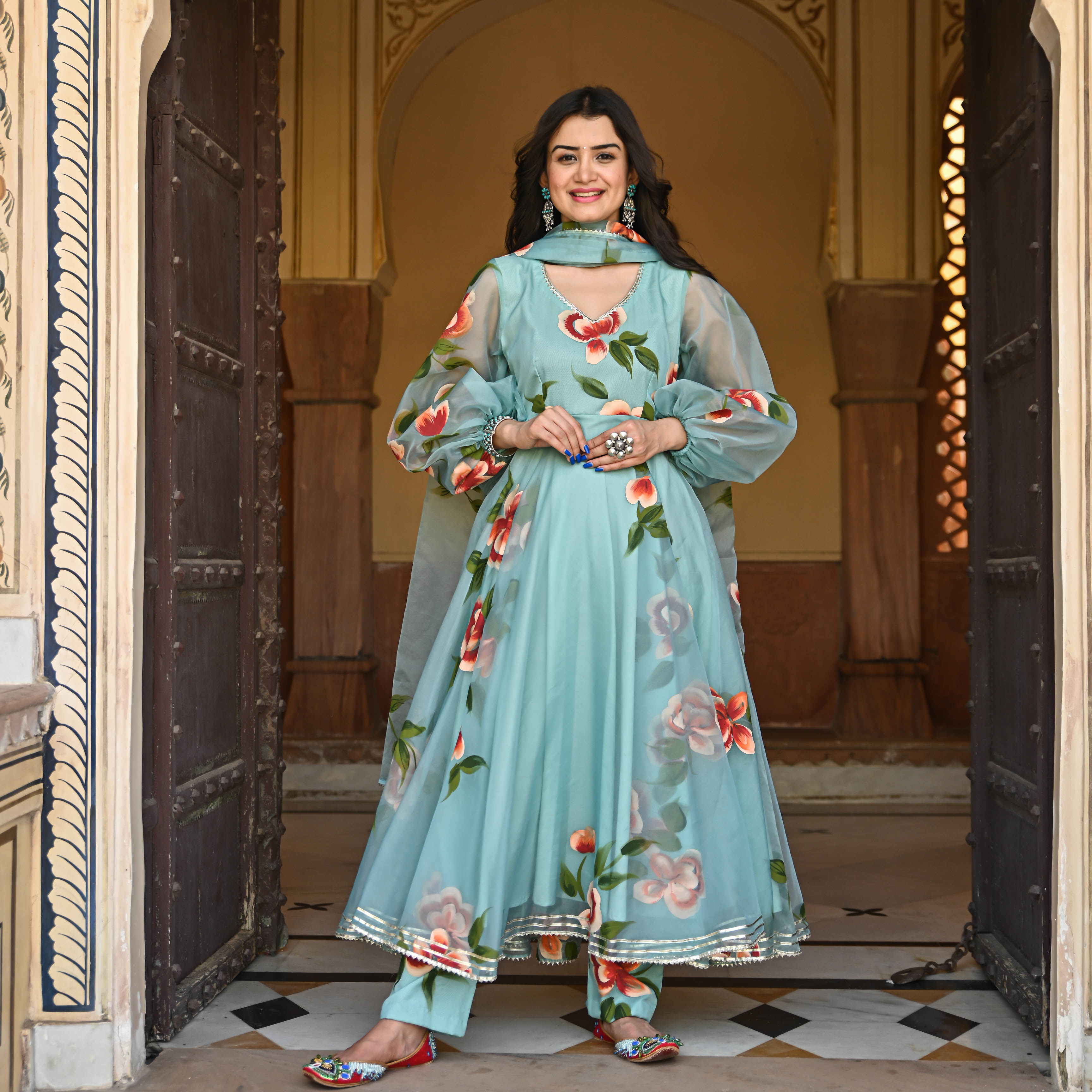 Blue handpainted anarkali with balloon sleeve and gota work