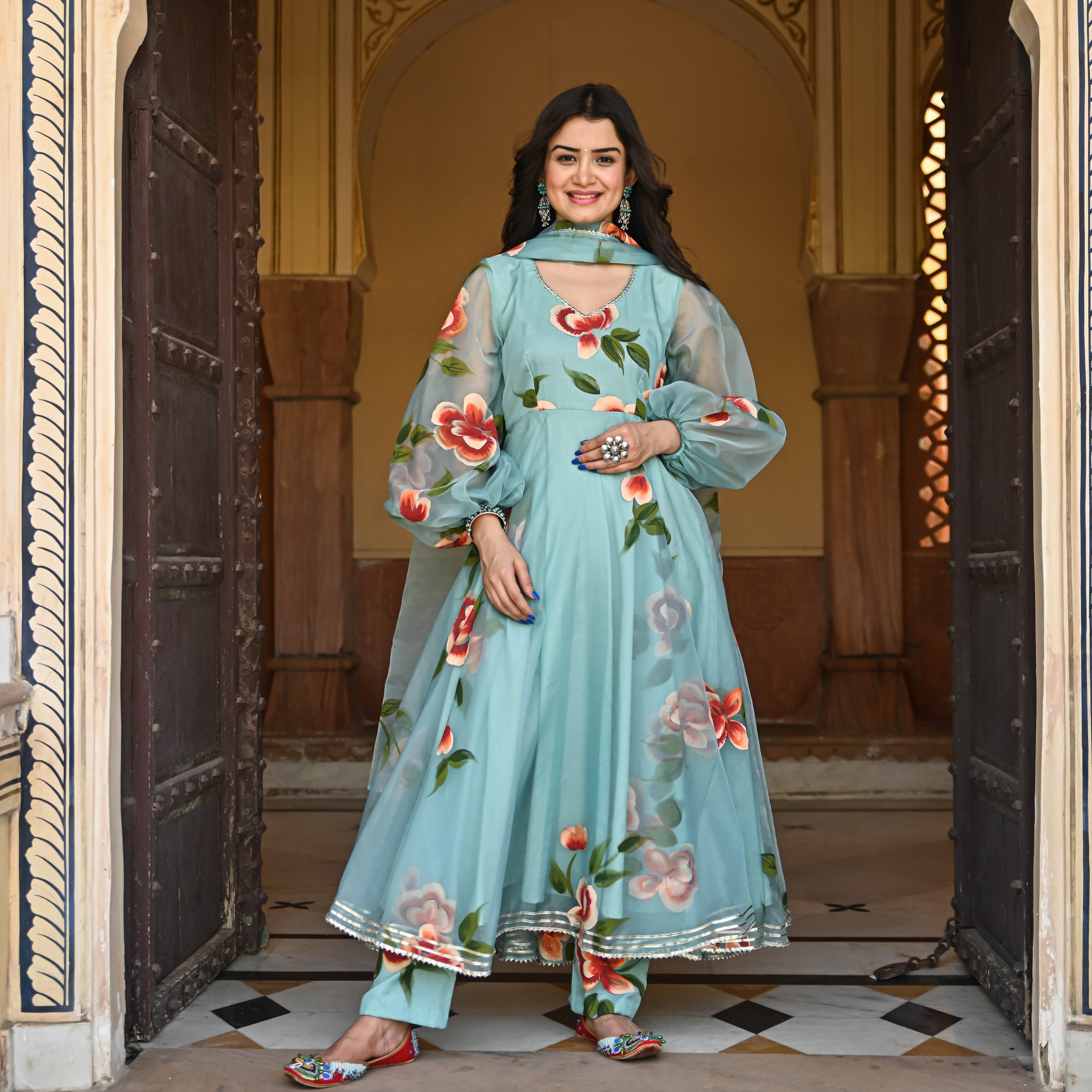 Blue handpainted anarkali with balloon sleeve and gota work