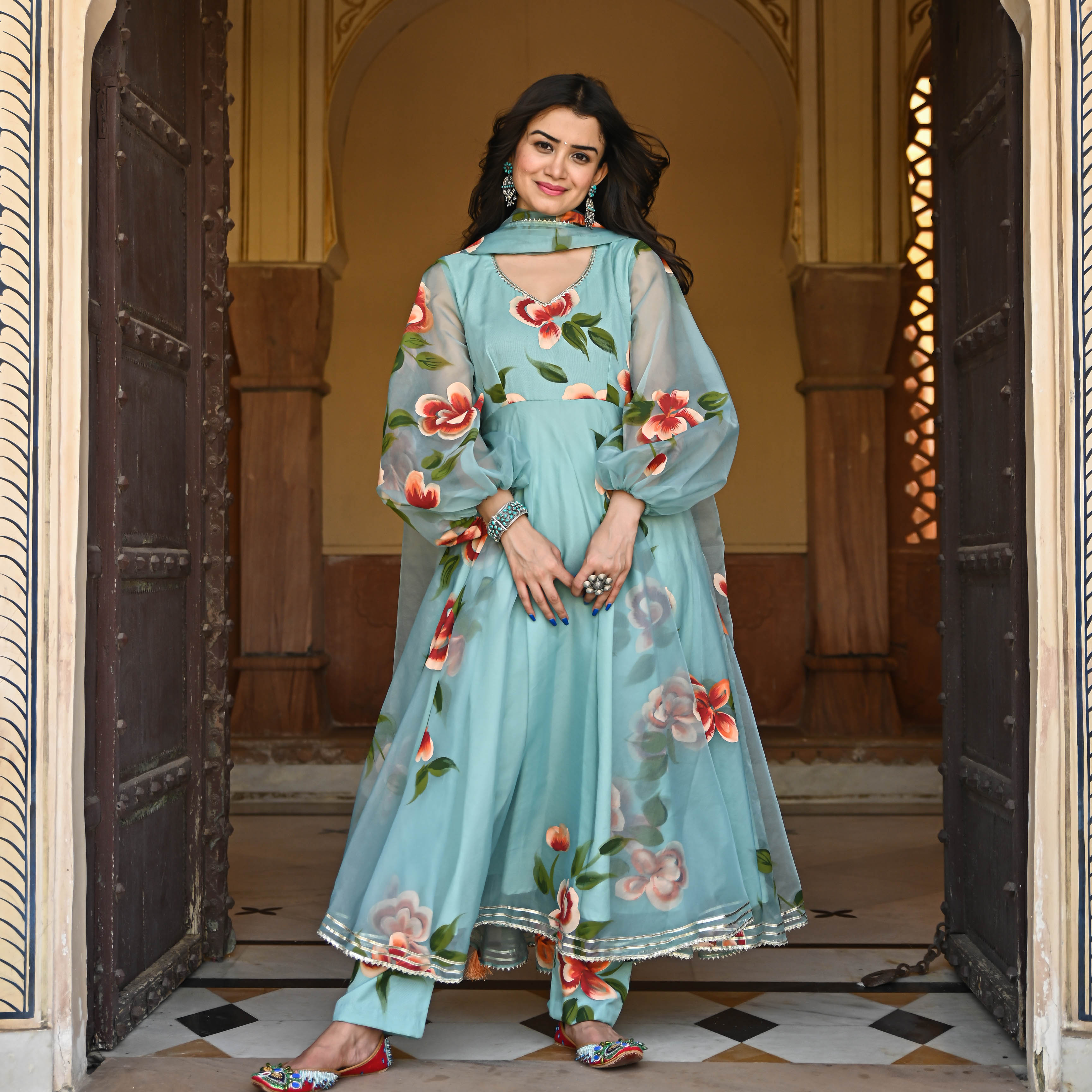 Blue handpainted anarkali with balloon sleeve and gota work