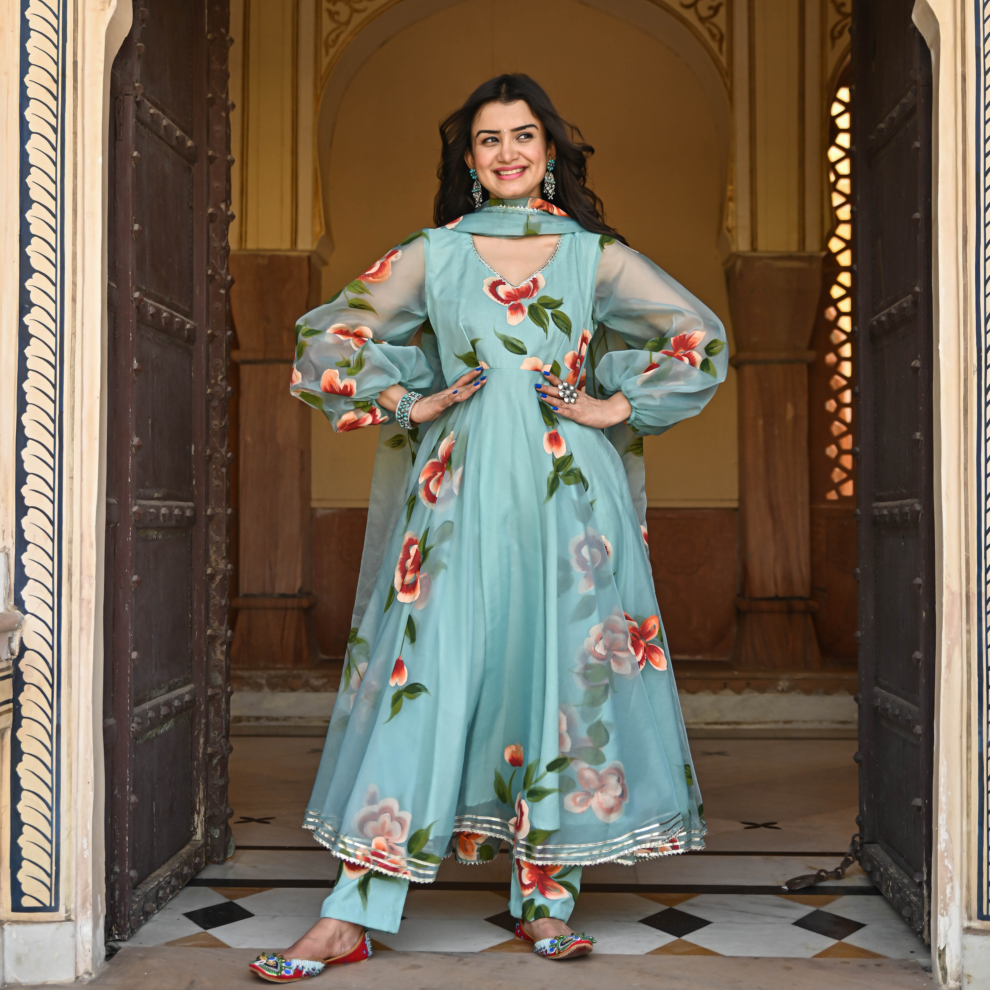 Blue handpainted anarkali with balloon sleeve and gota work