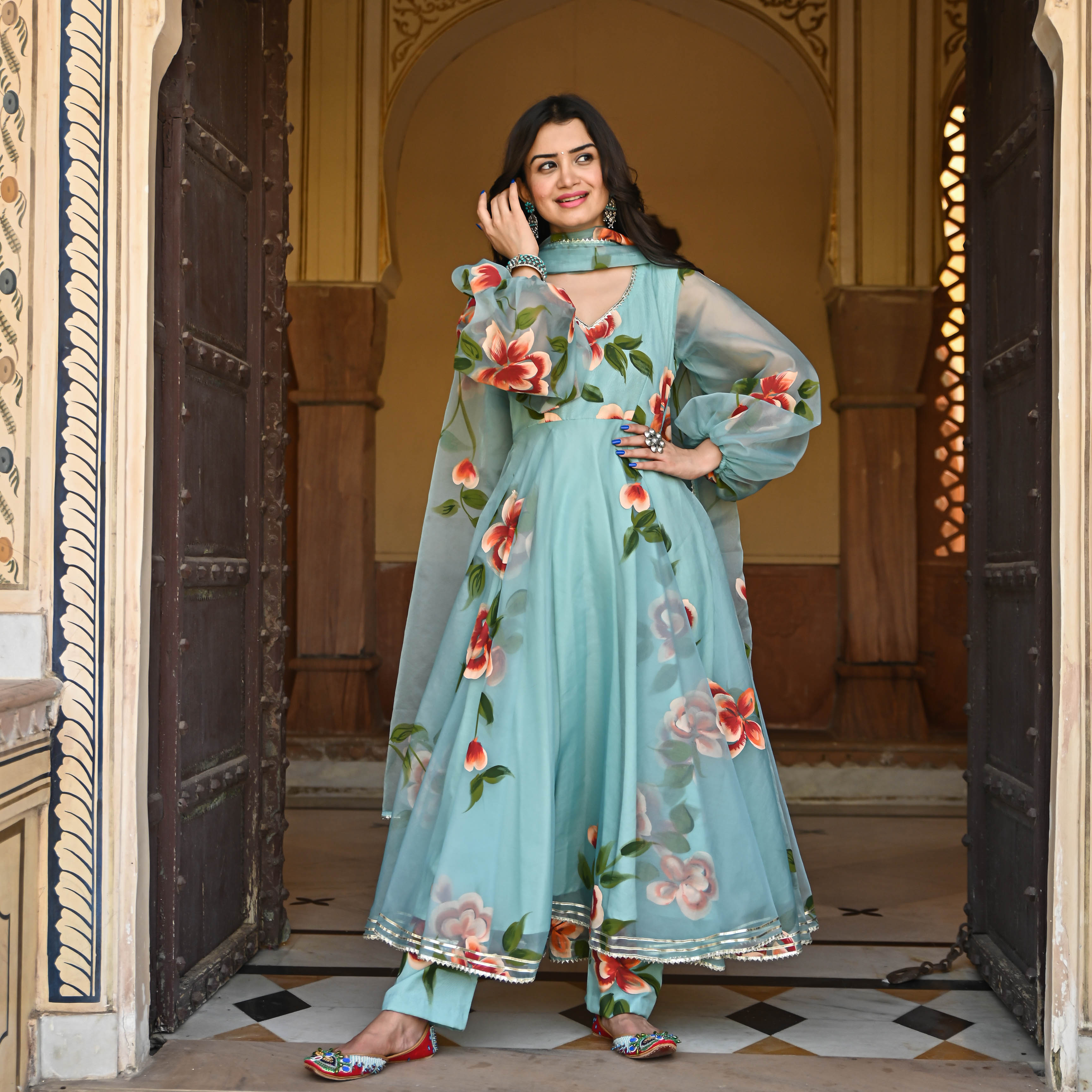 Blue handpainted anarkali with balloon sleeve and gota work