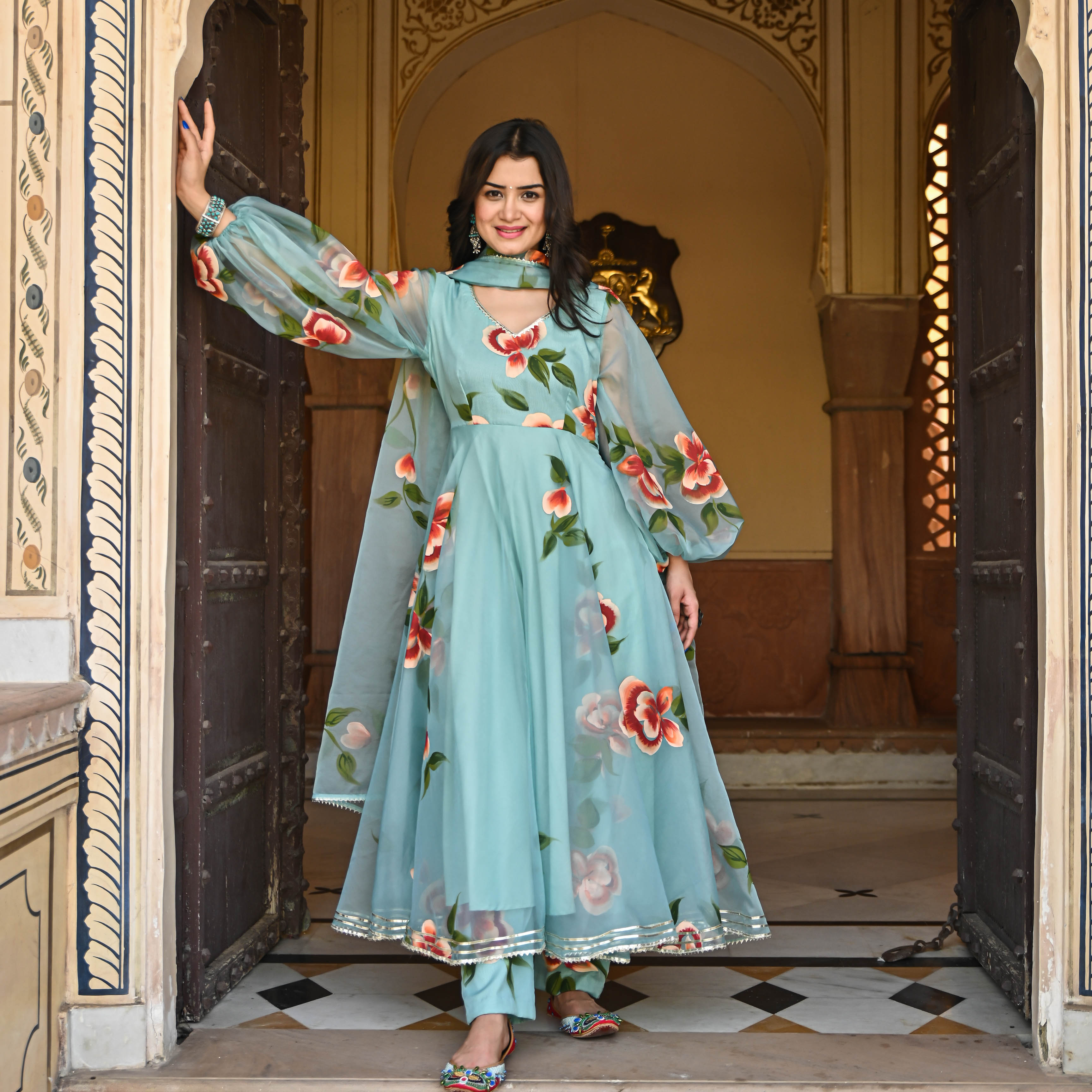Blue handpainted anarkali with balloon sleeve and gota work