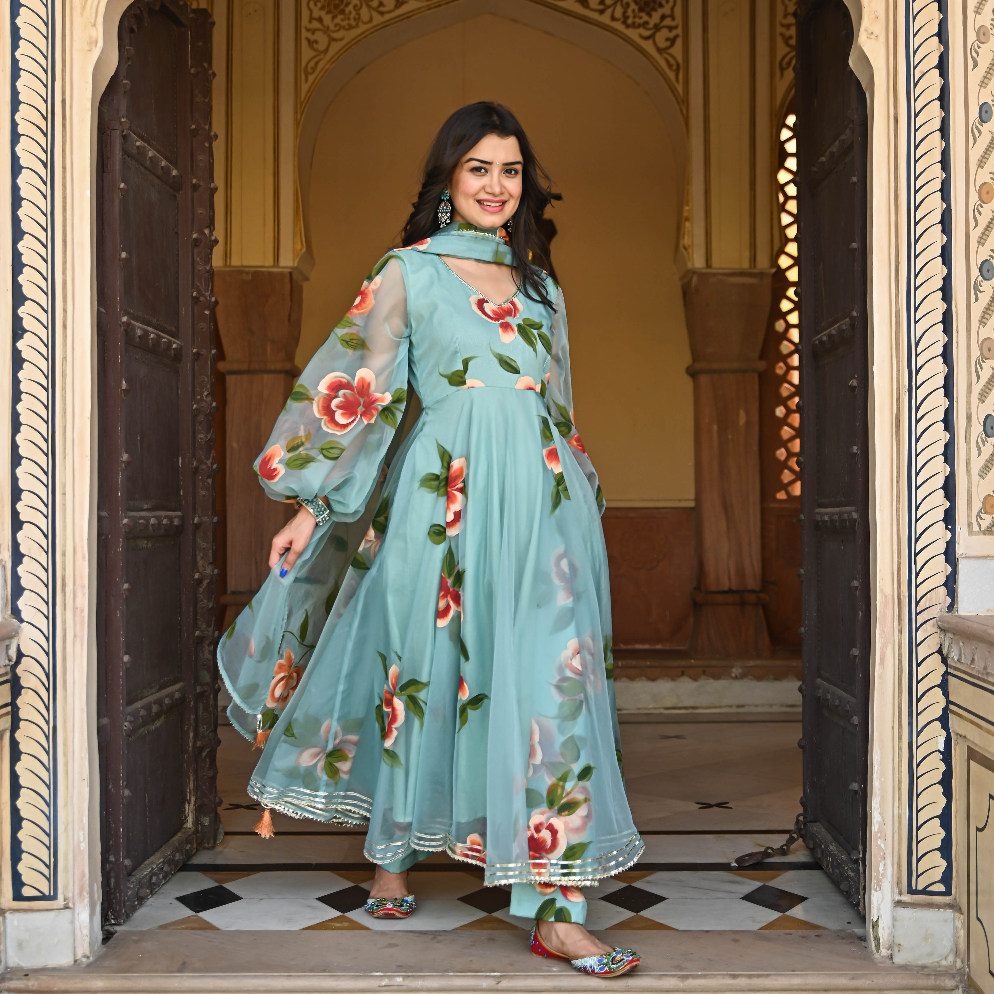 Dhara Designer Handpainted Floral Organza Suit Set For Women Online