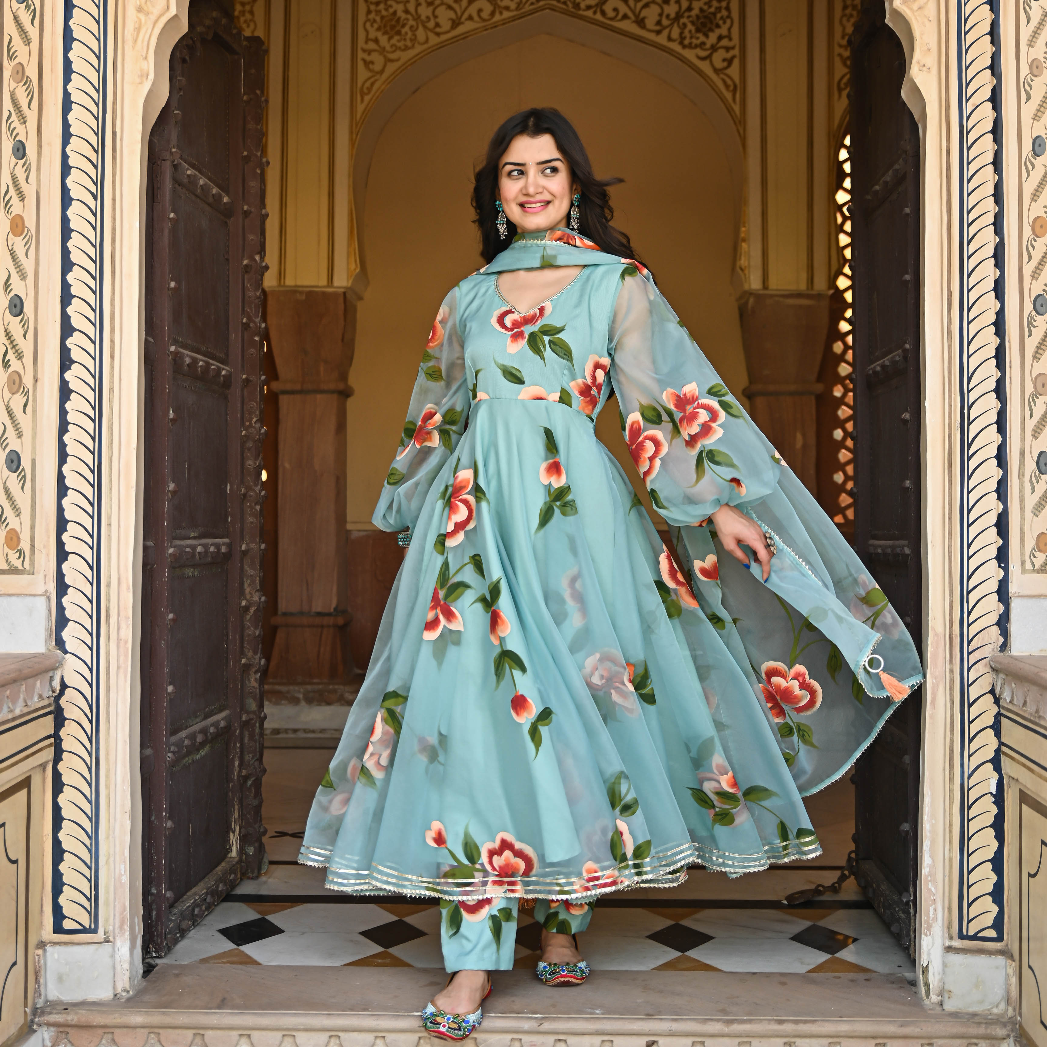 Blue handpainted anarkali with balloon sleeve and gota work