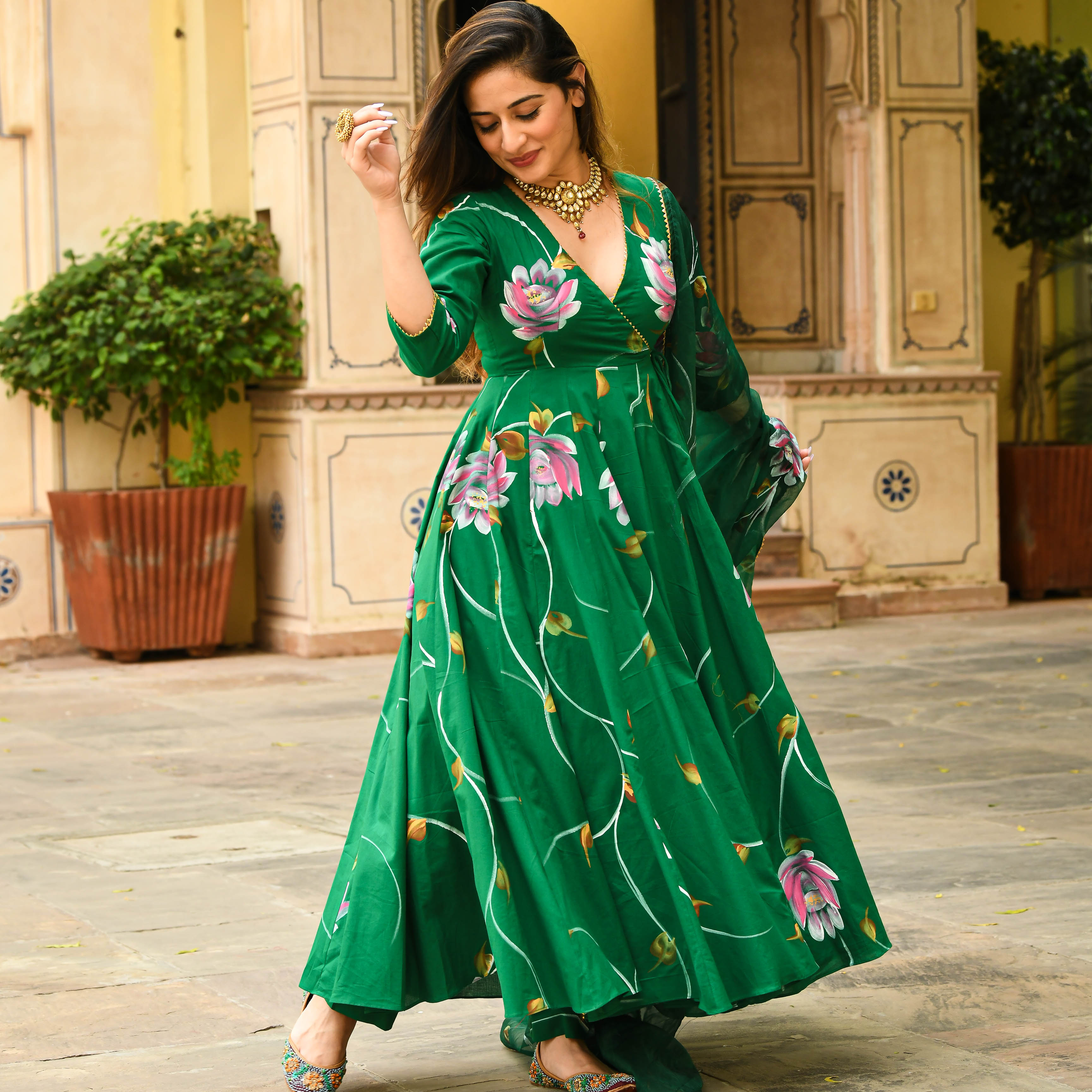 Bright Green Floral Handpainted Cotton Anarkali Set