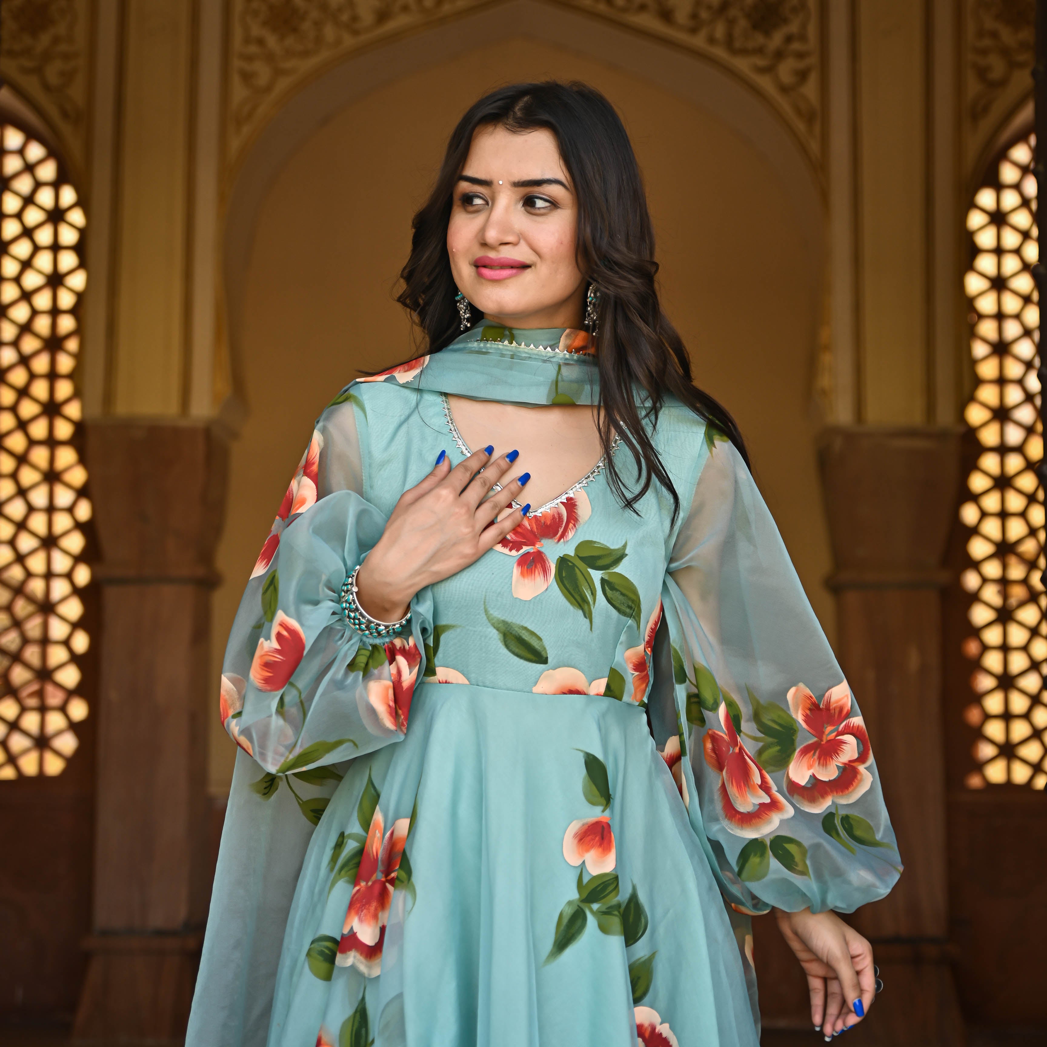 Dhara Designer Handpainted Floral Organza Suit Set For Women Online
