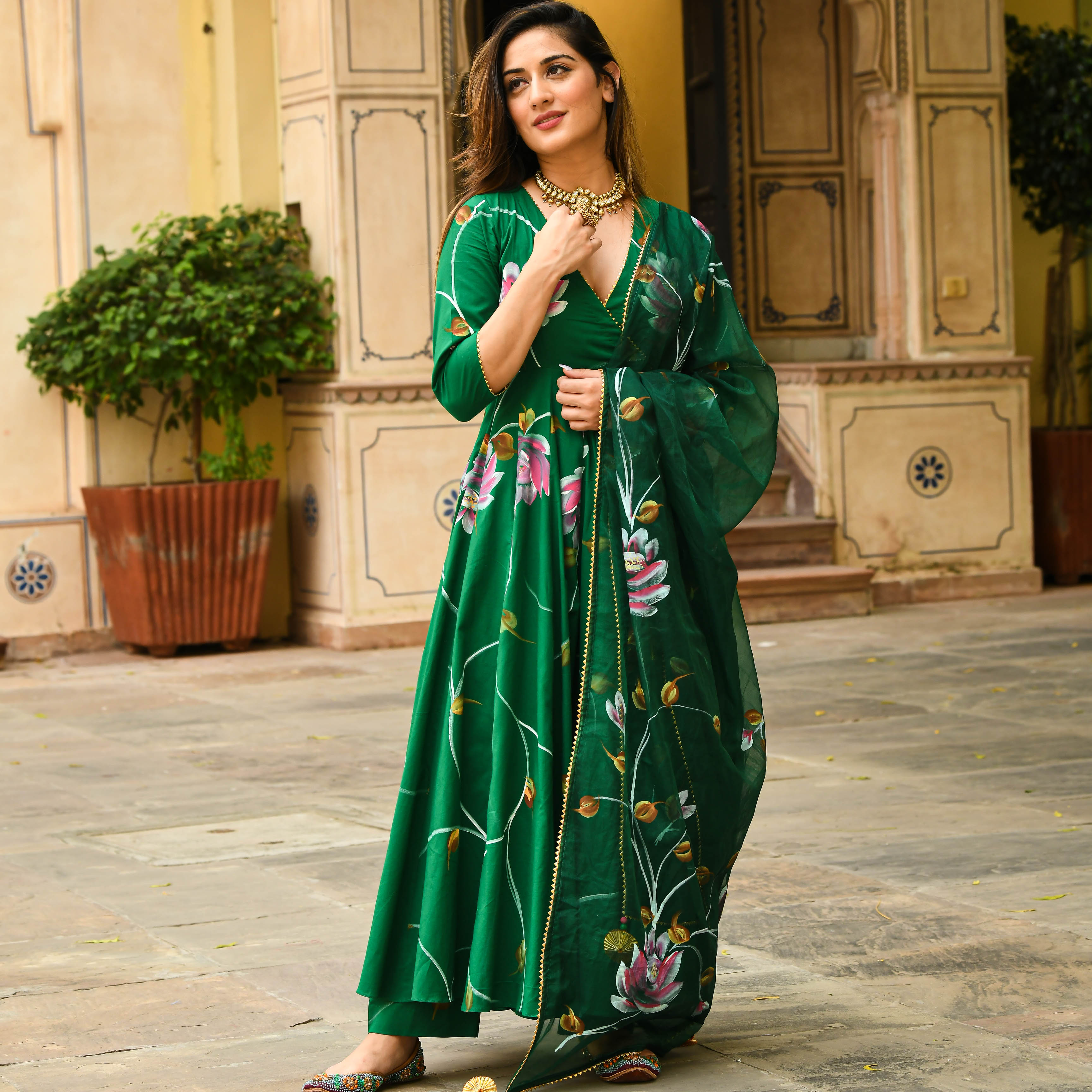 Bright Green Floral Handpainted Cotton Anarkali Set