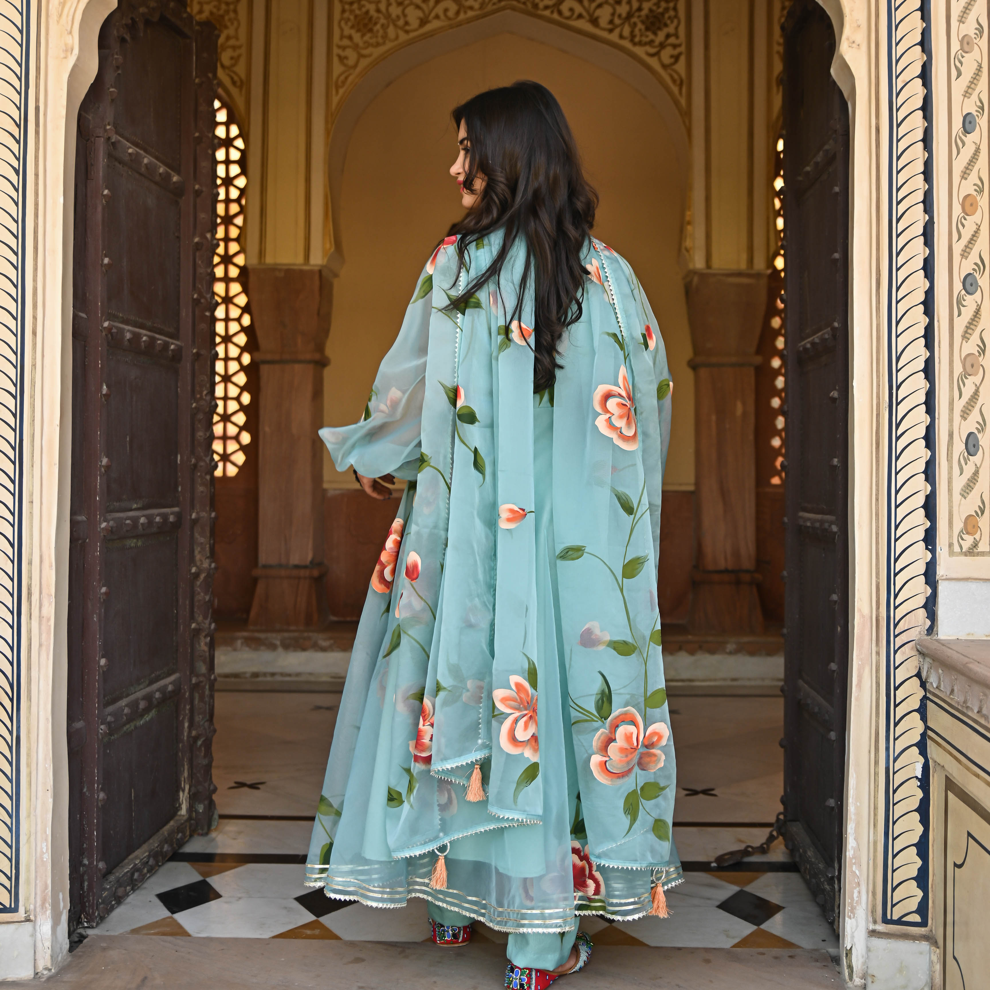 Blue handpainted anarkali with balloon sleeve and gota work