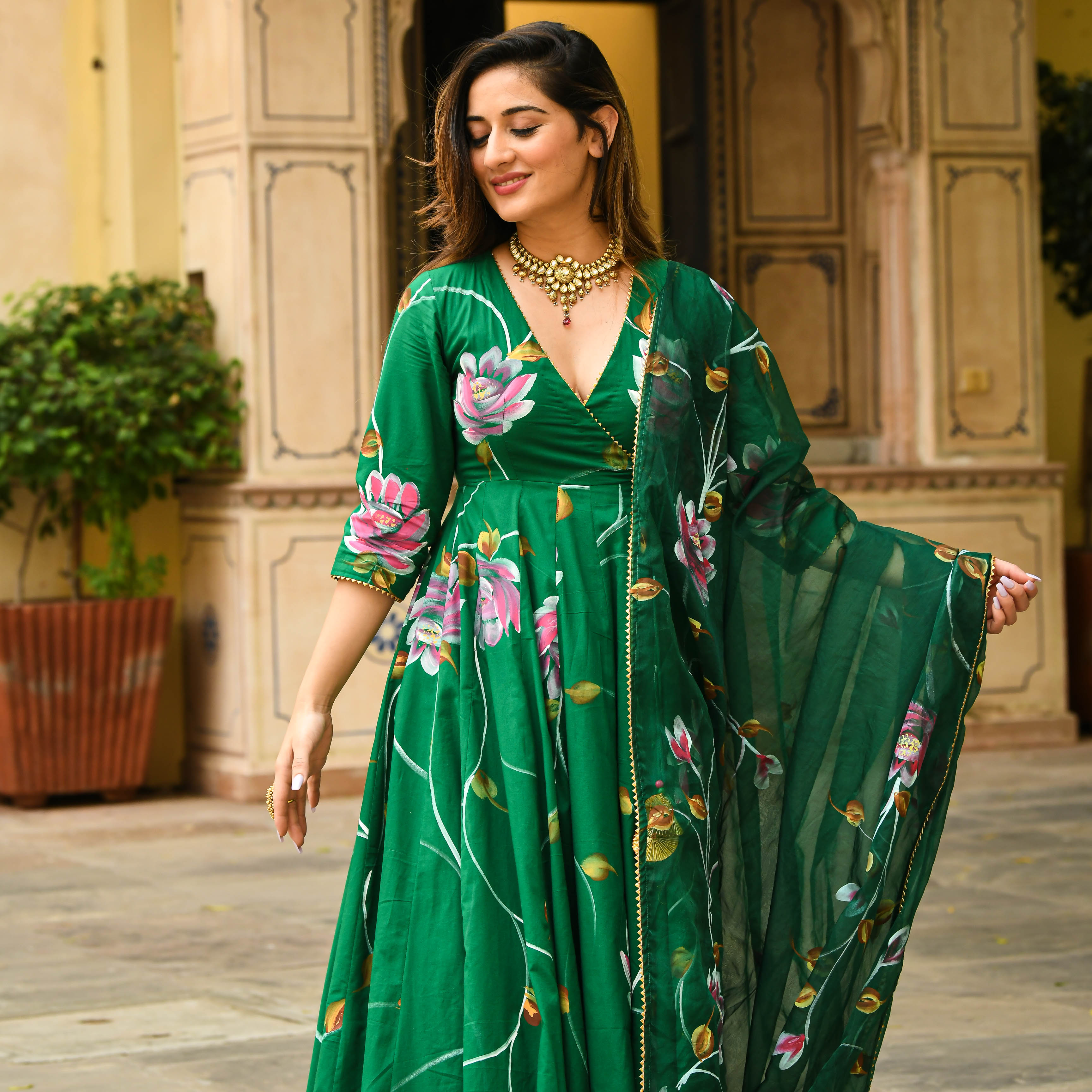 Bright Green Floral Handpainted Cotton Anarkali Set