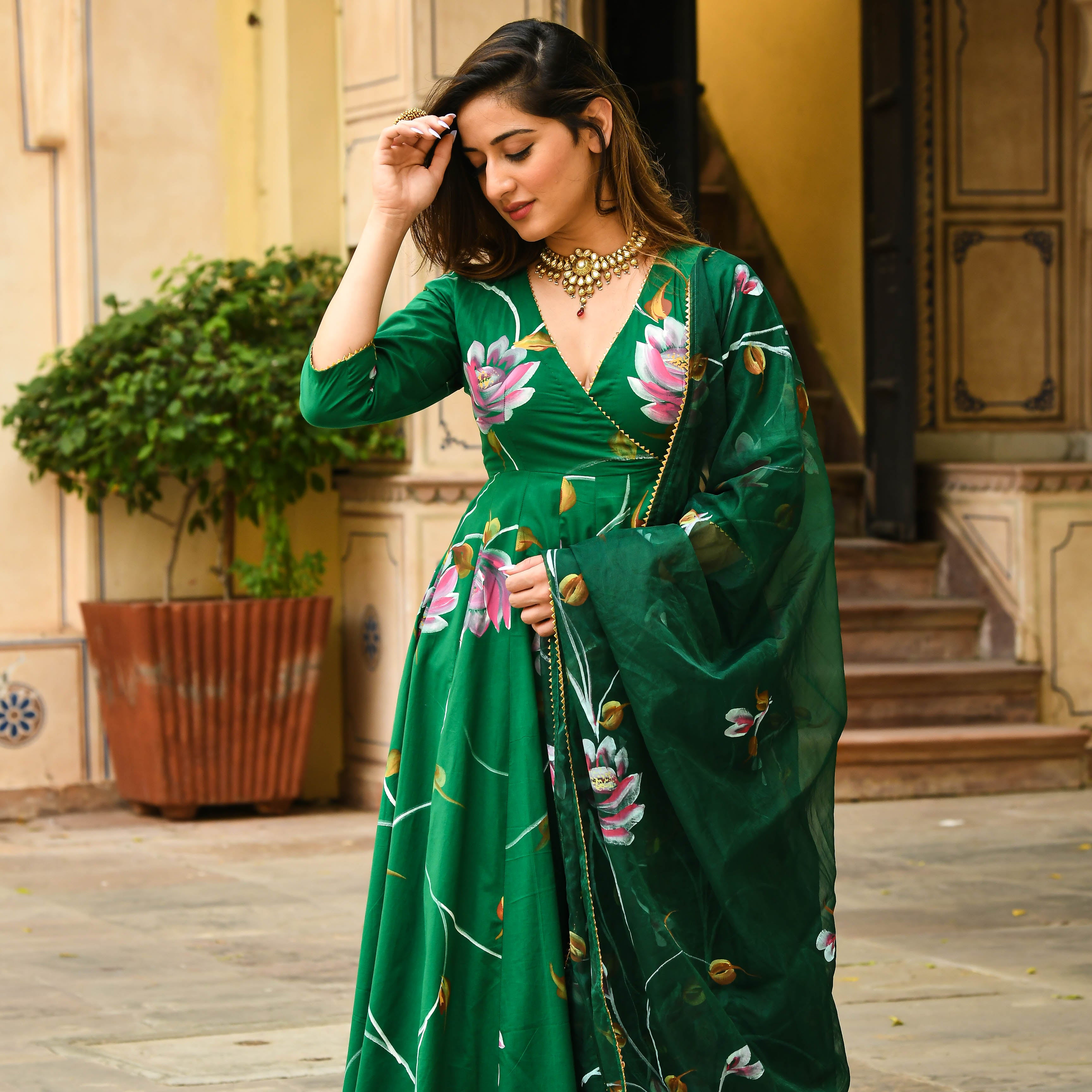 Bright Green Floral Handpainted Cotton Anarkali Set