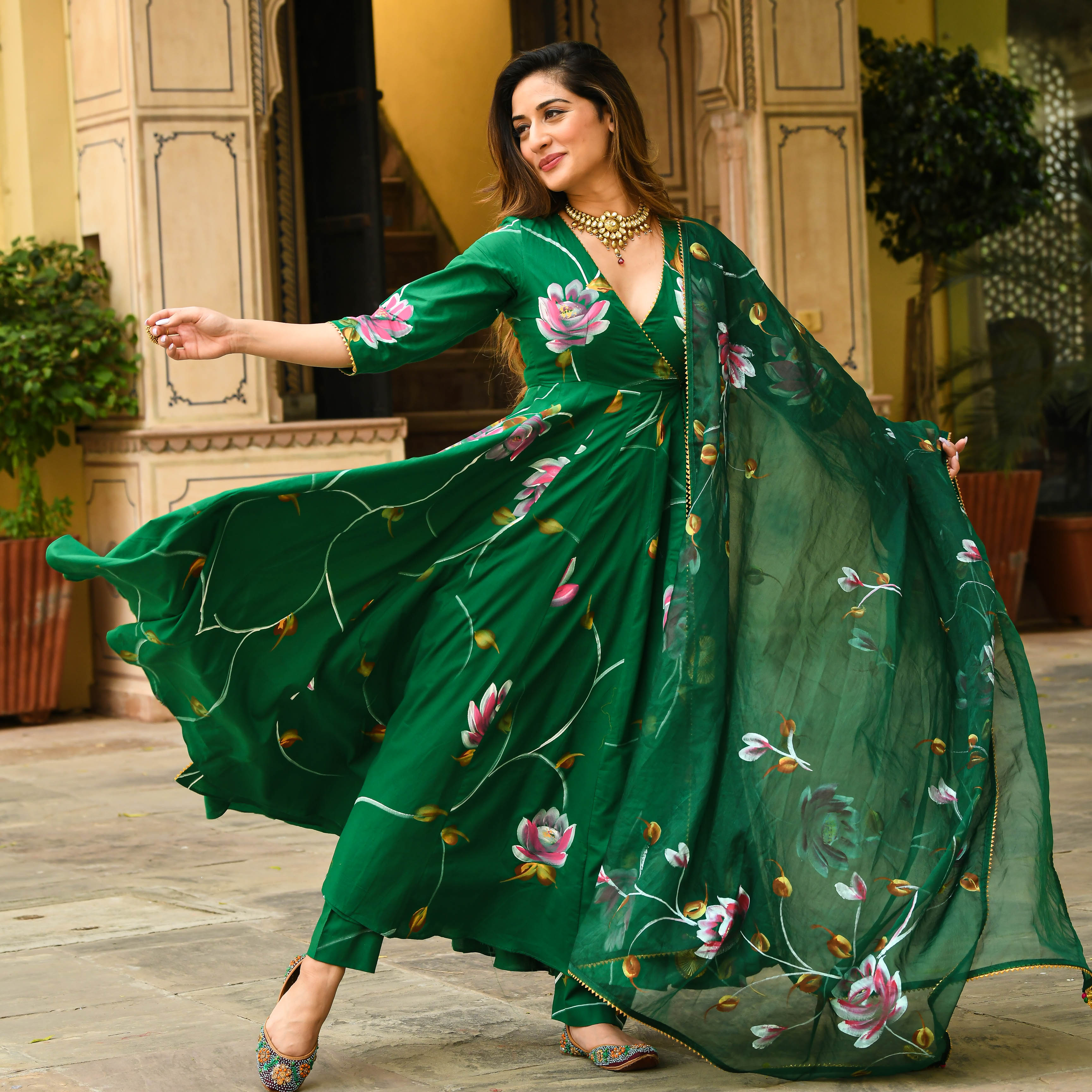 Bright Green Floral Handpainted Cotton Anarkali Set