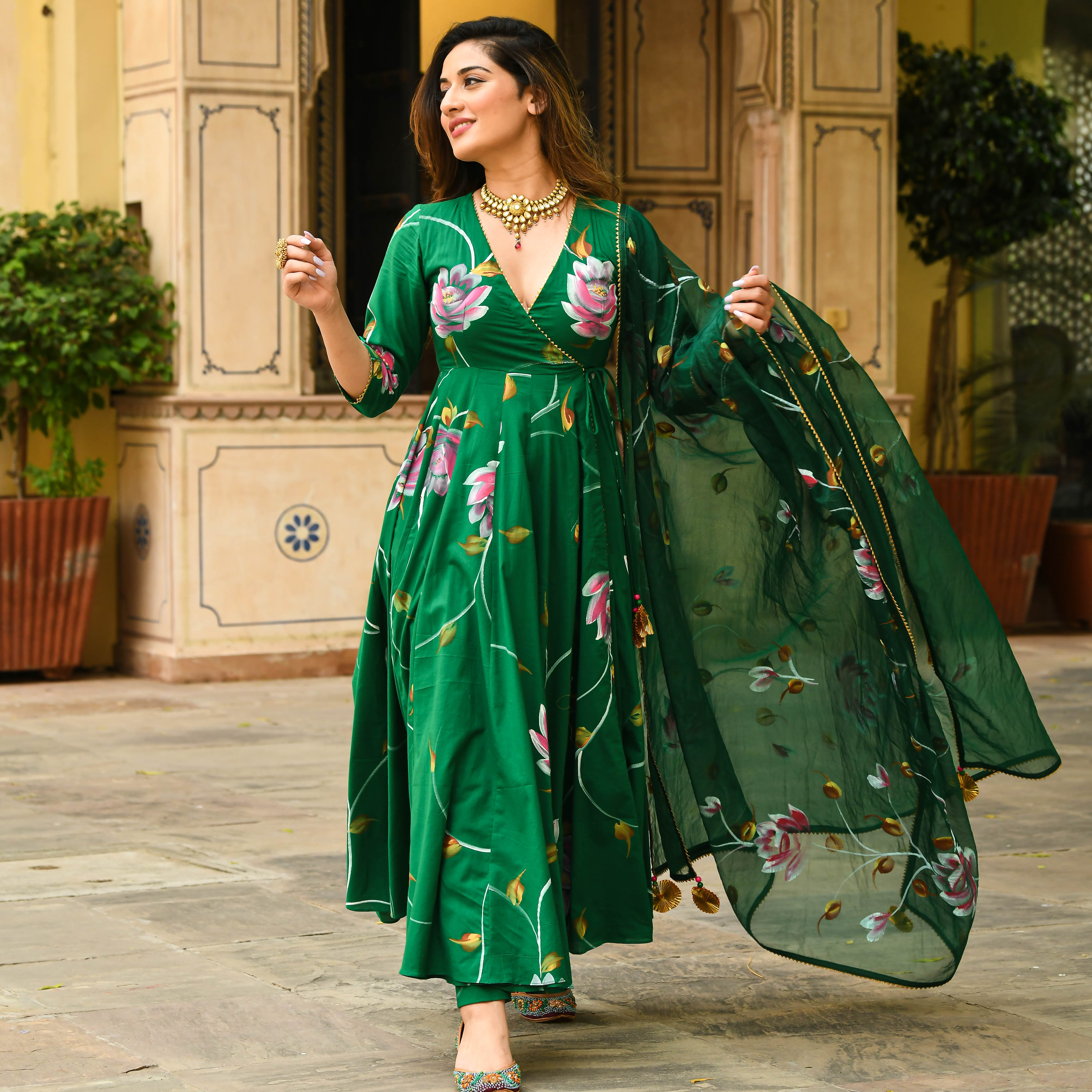 Bright Green Floral Handpainted Cotton Anarkali Set