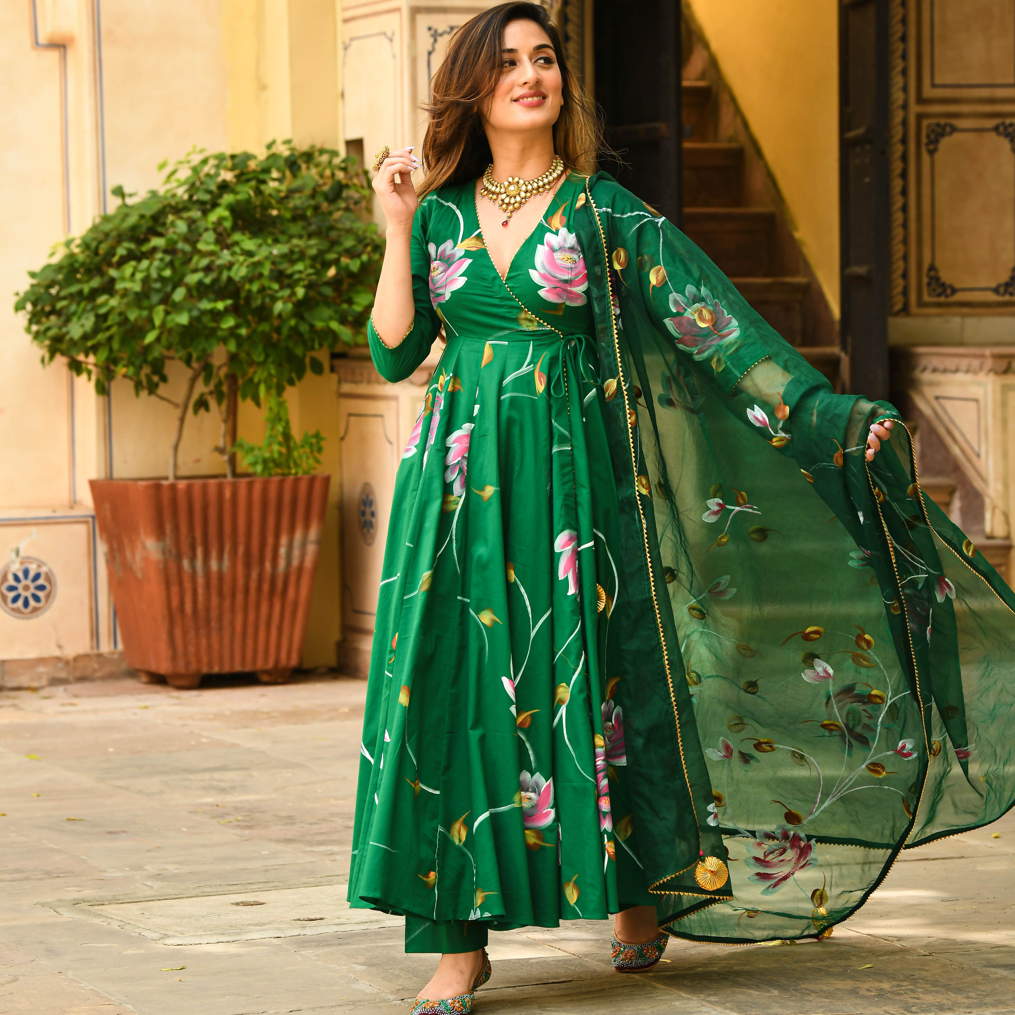 Bright Green Floral Handpainted Cotton Anarkali Set