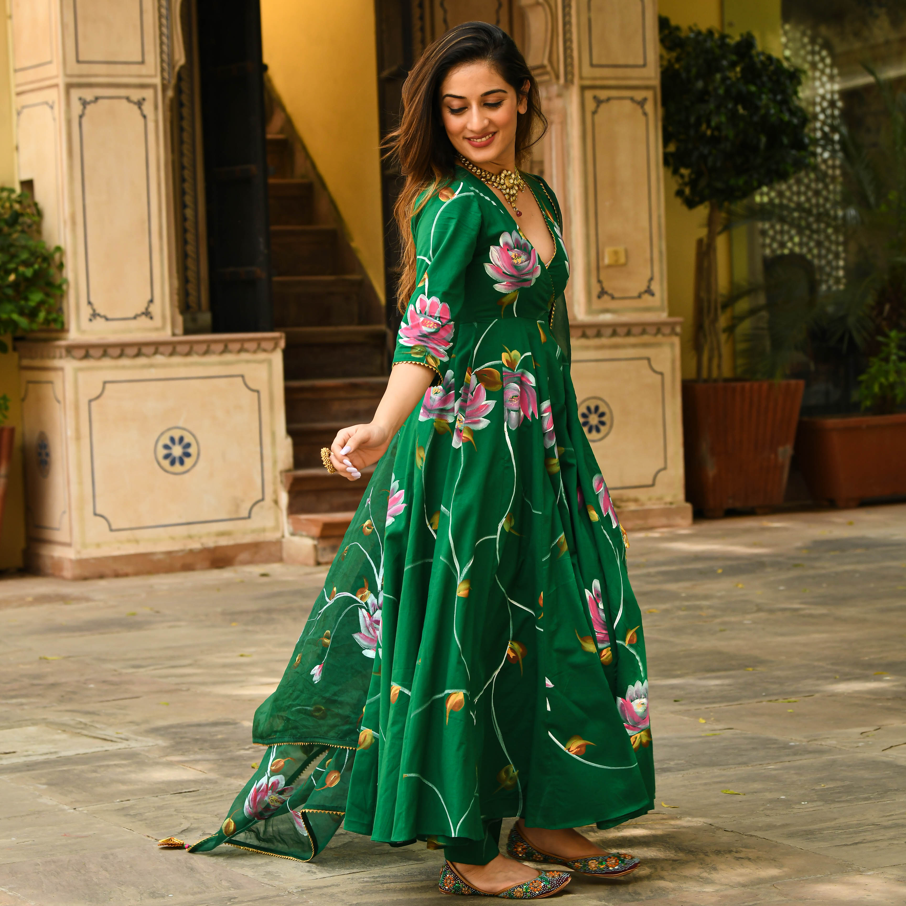 Bright Green Floral Handpainted Cotton Anarkali Set