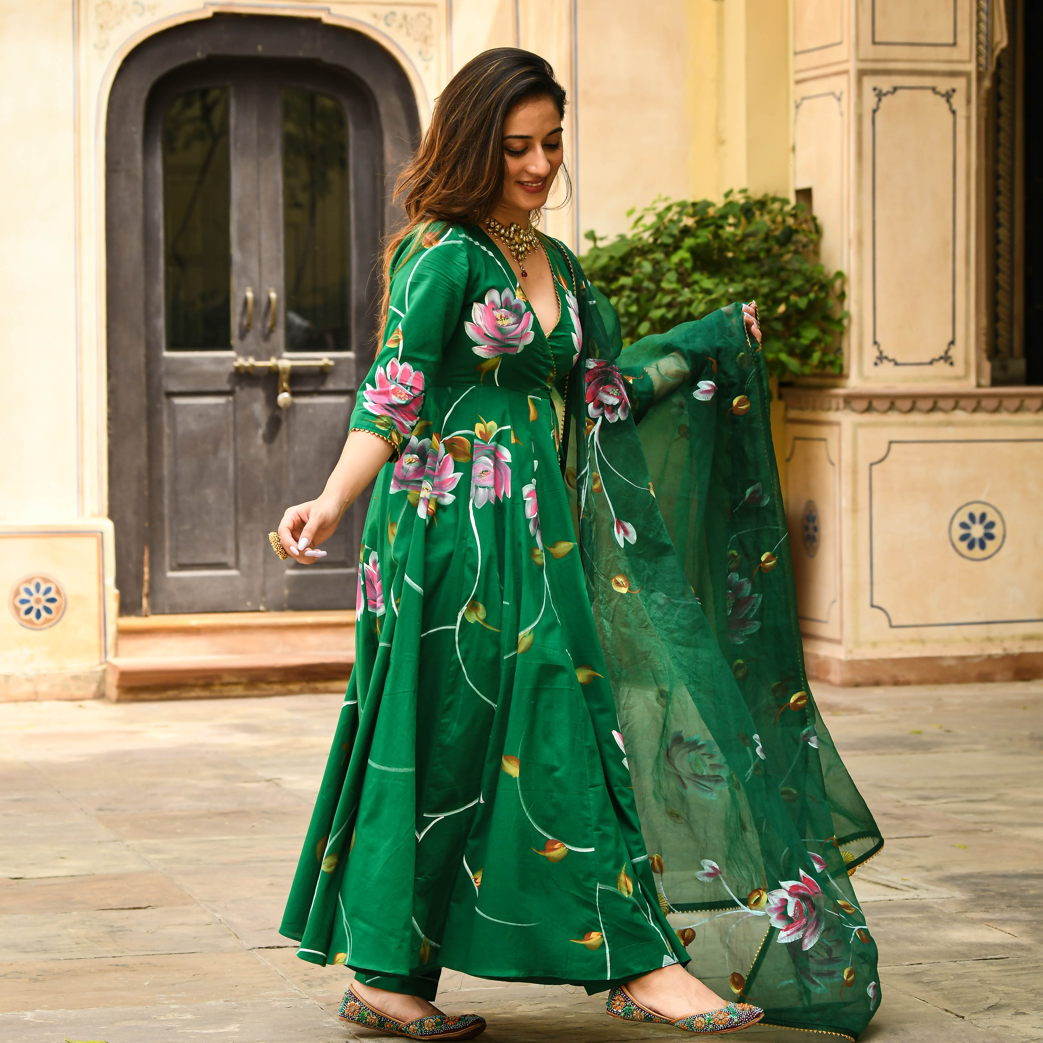Bright Green Floral Handpainted Cotton Anarkali Set
