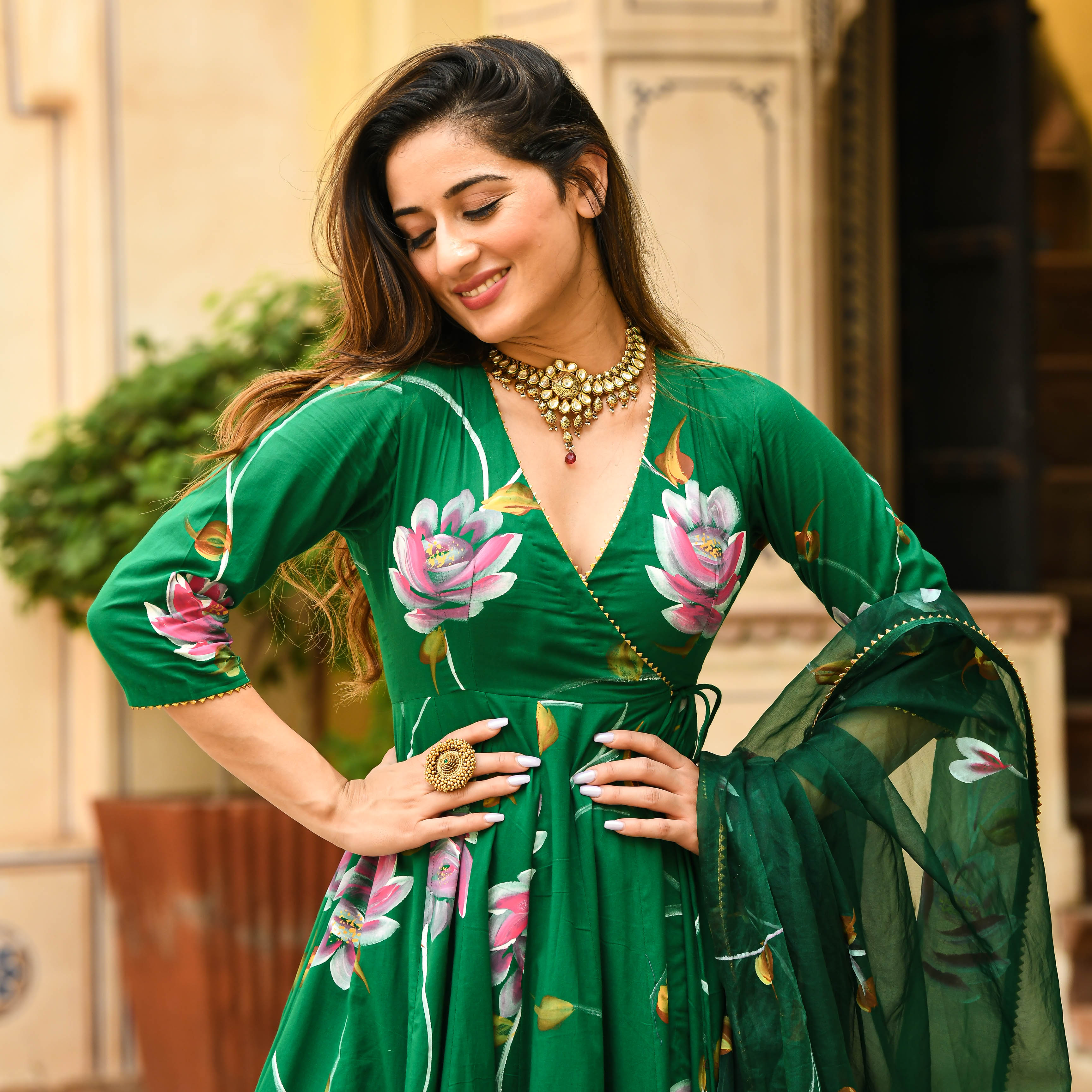Bright Green Handpainted Designer Anarkali Suit Set For Women Online