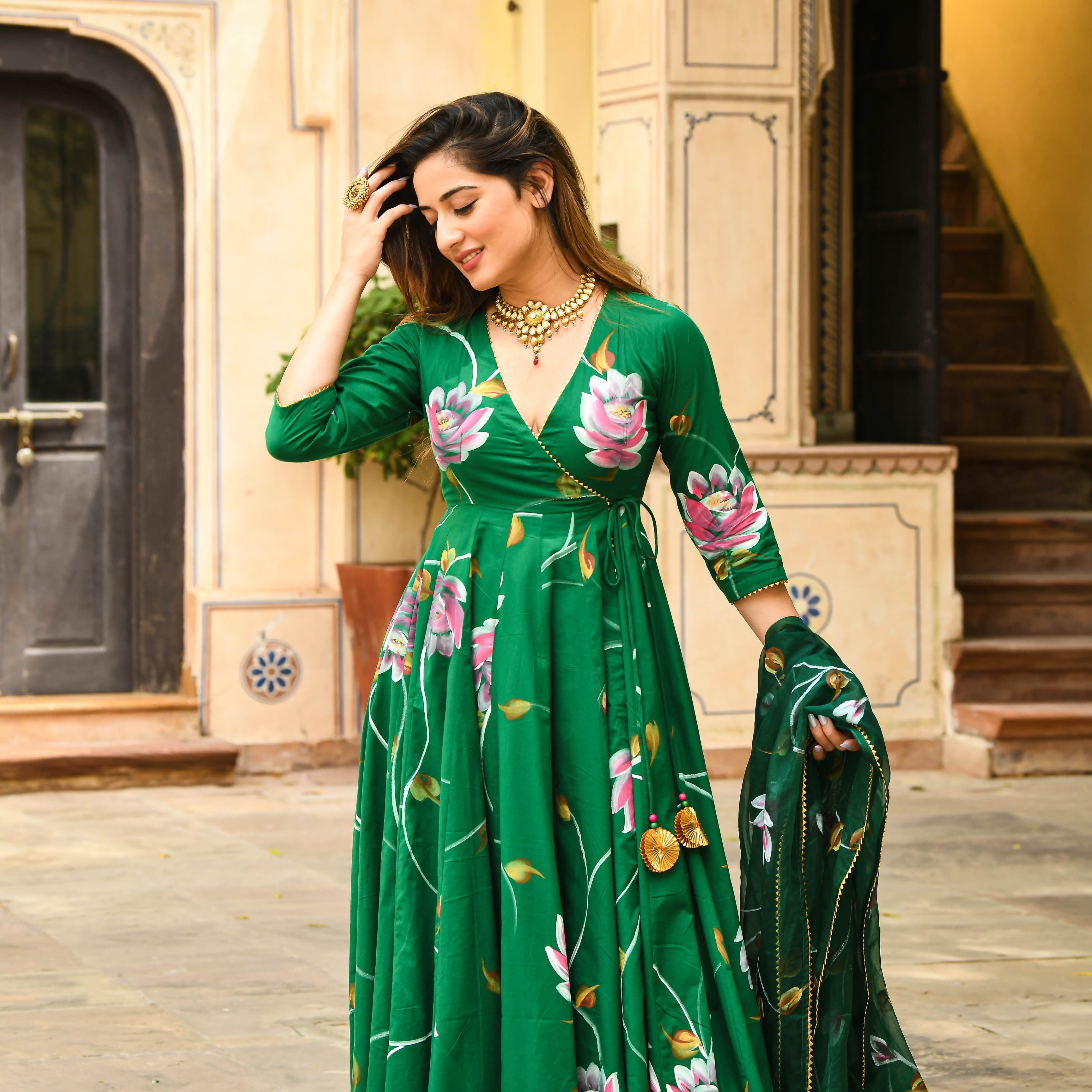 Bright Green Floral Handpainted Cotton Anarkali Set