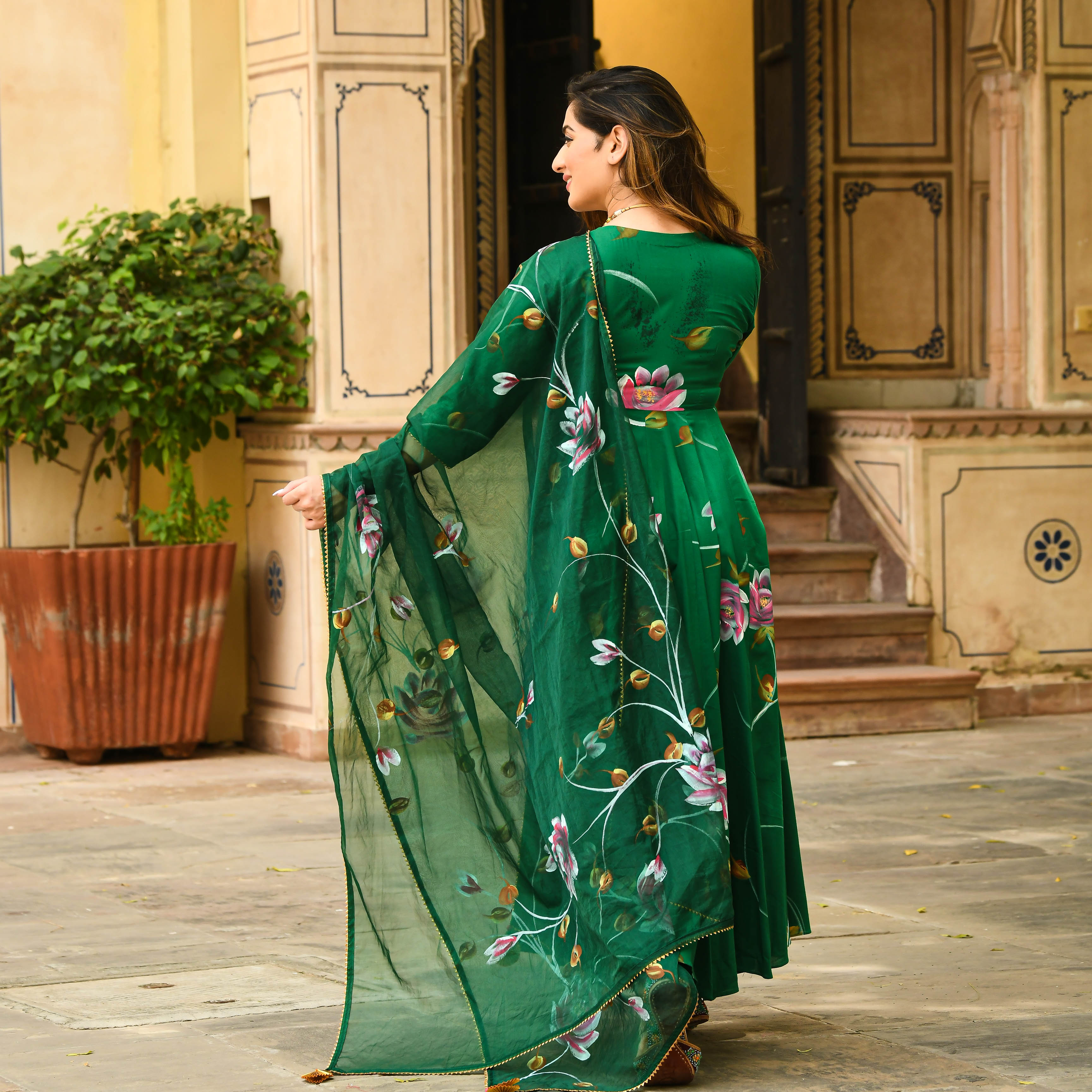 Bright Green Floral Handpainted Cotton Anarkali Set