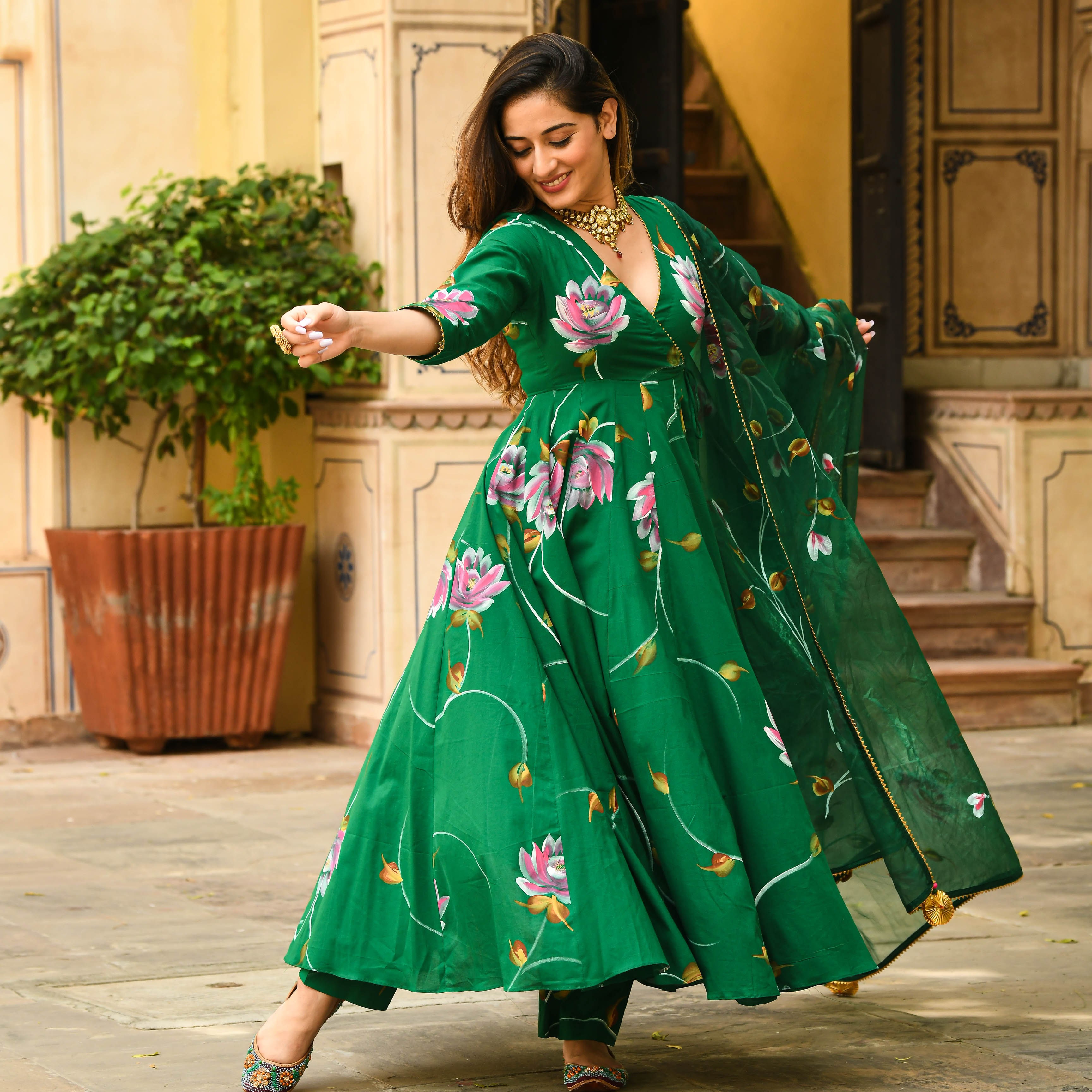 Bright Green Floral Handpainted Cotton Anarkali Set