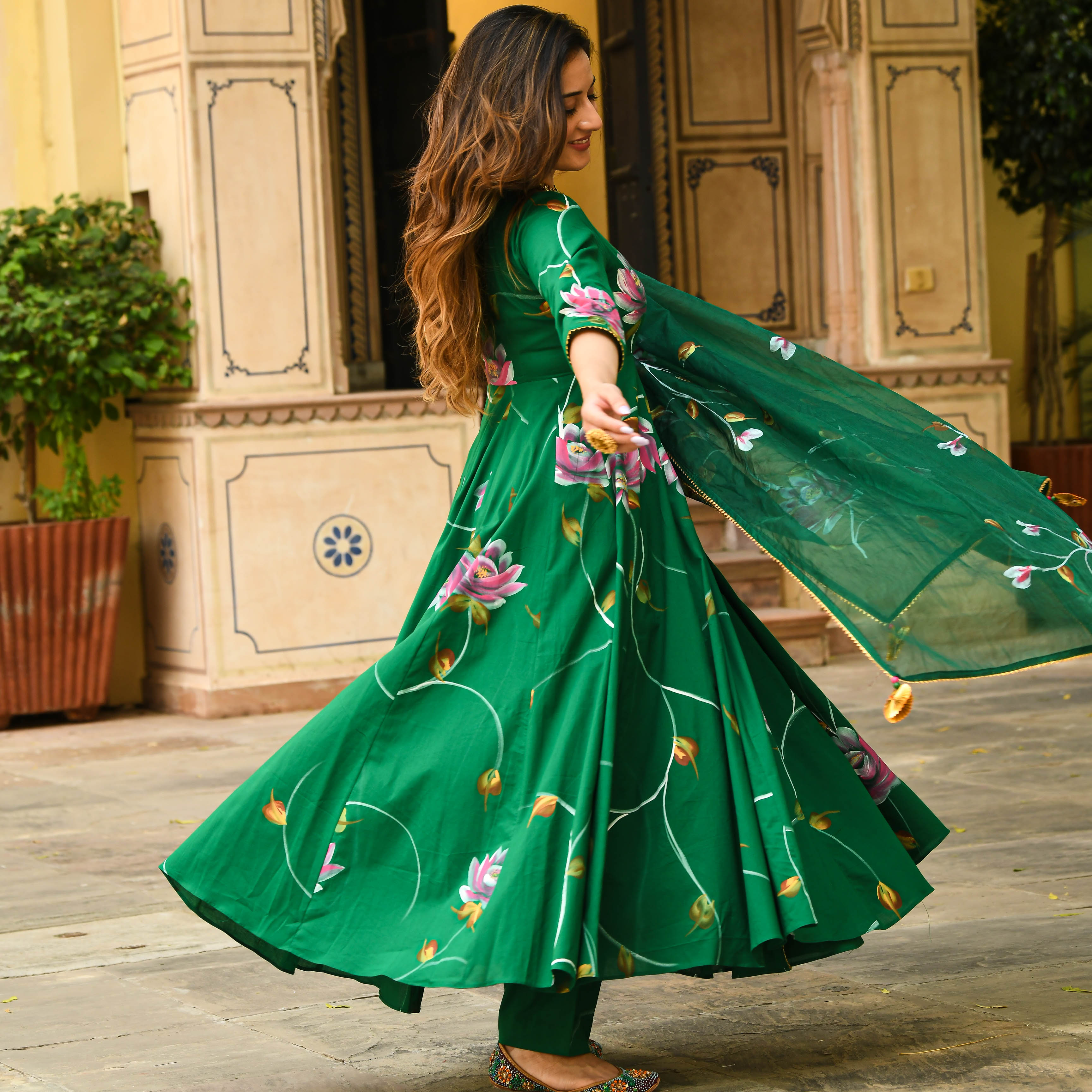 Bright Green Floral Handpainted Cotton Anarkali Set