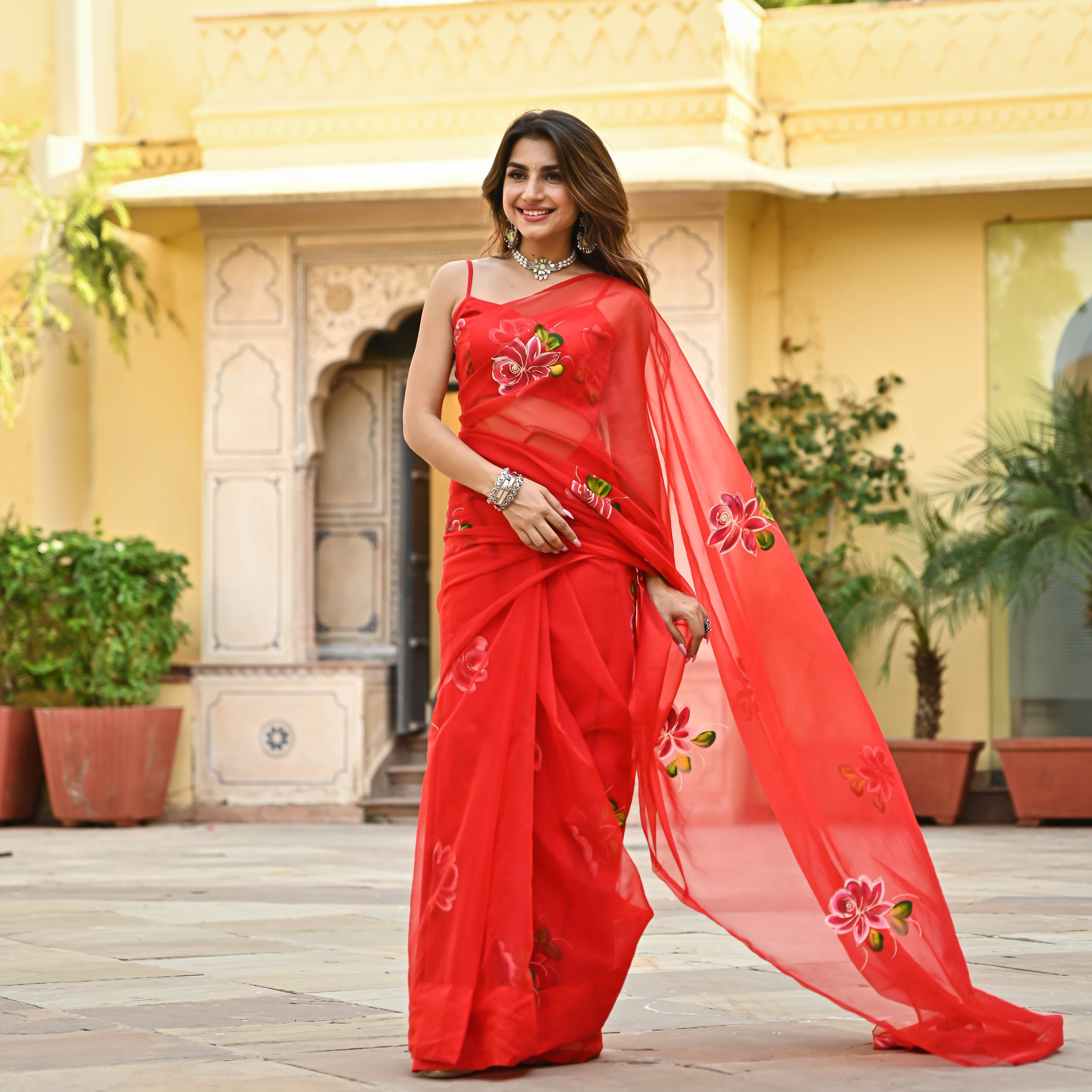 Red Floral Organza Saree For Women Online
