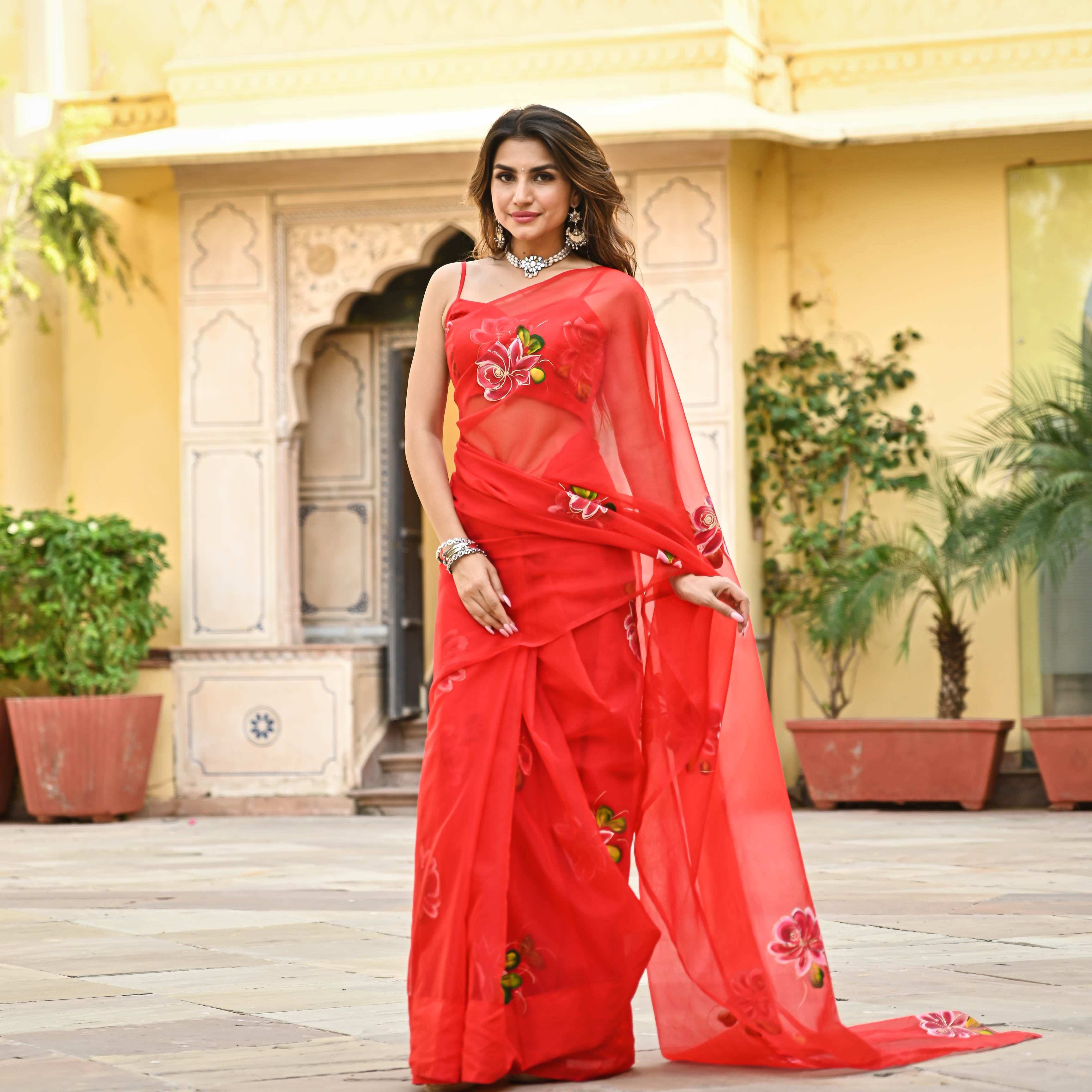 Red Floral Organza Saree For Women Online