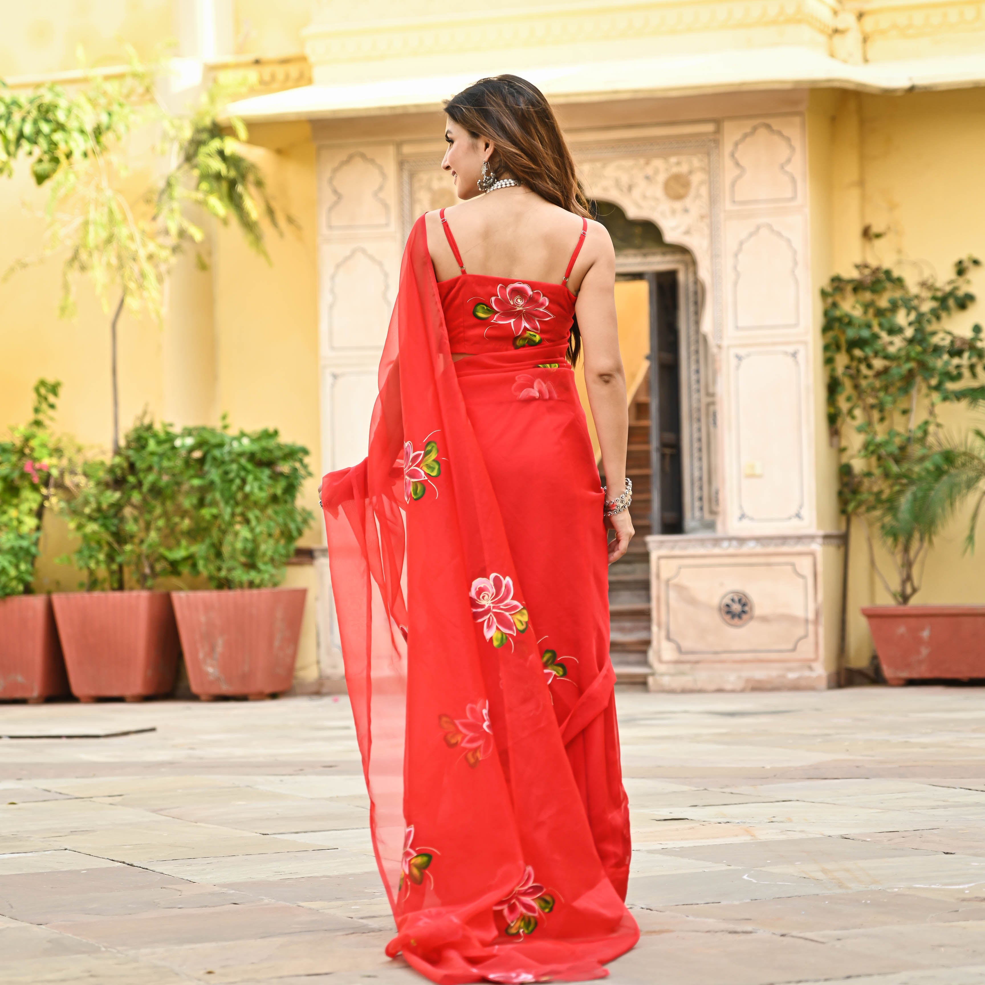 Red Floral Organza Saree For Women Online